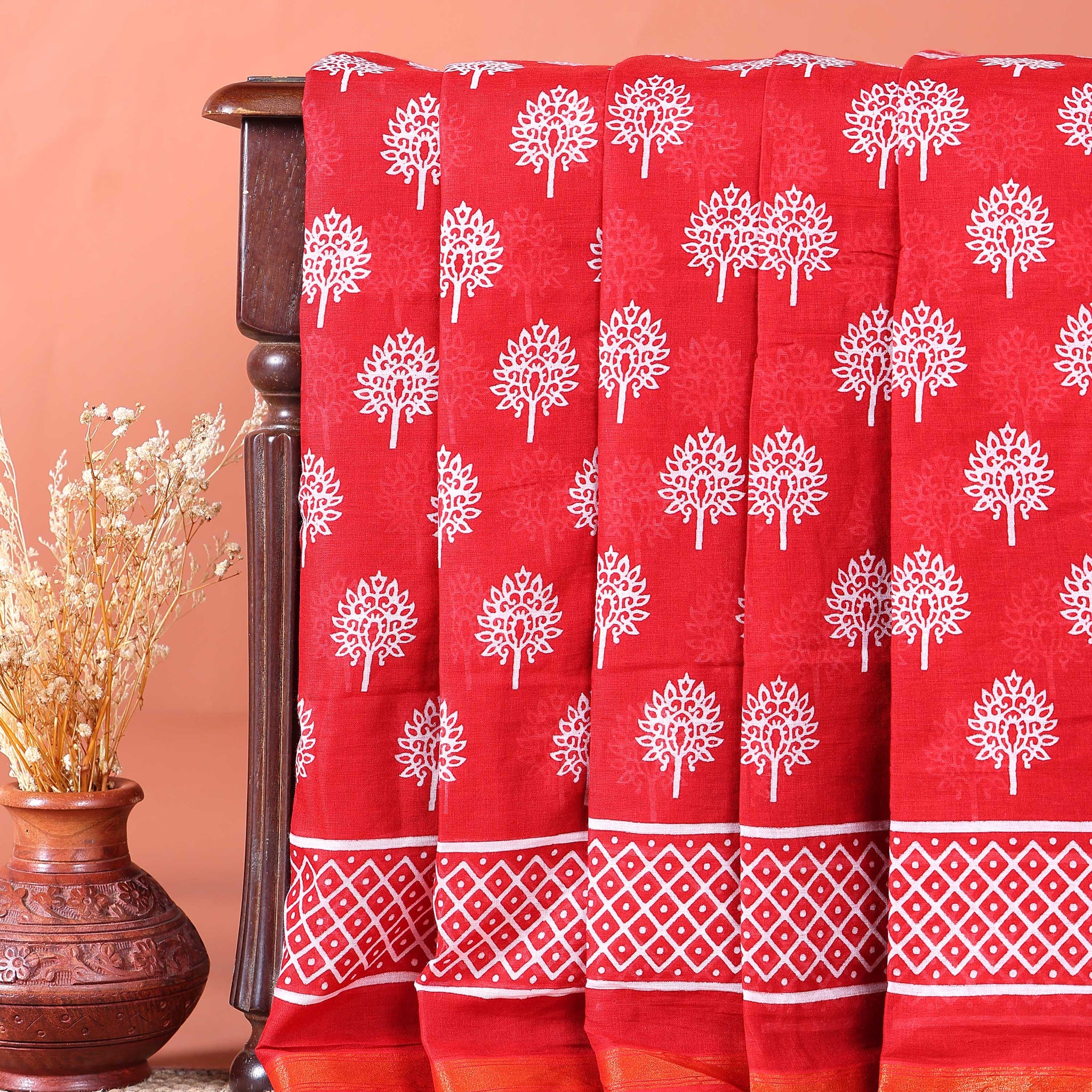 Traditional Hand Block Print Mulmul Saree with Geometric Border - Red