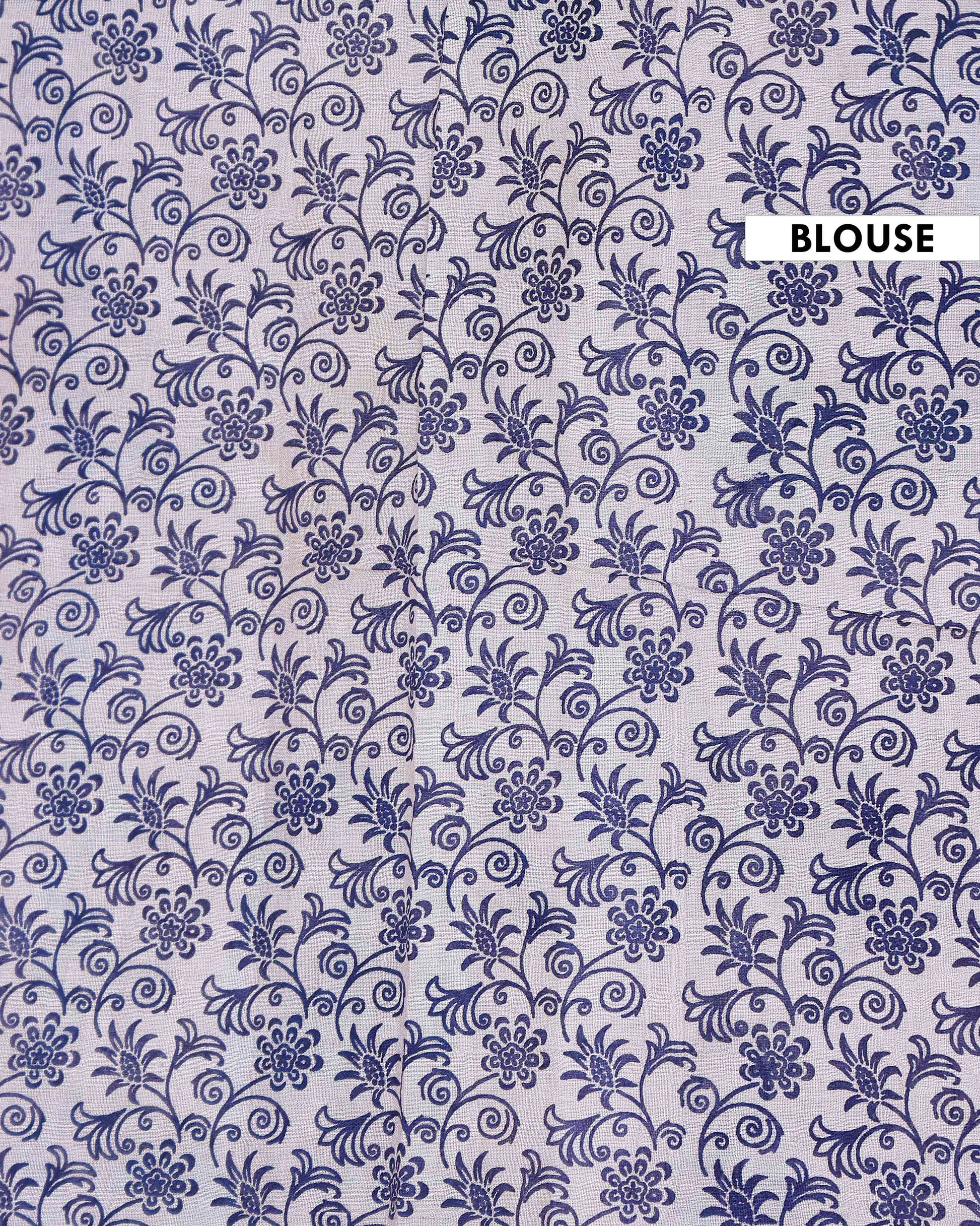 Traditional Hand Block Printed Kalamkari Cotton Saree Floral and Diagonal Patterns - Blue