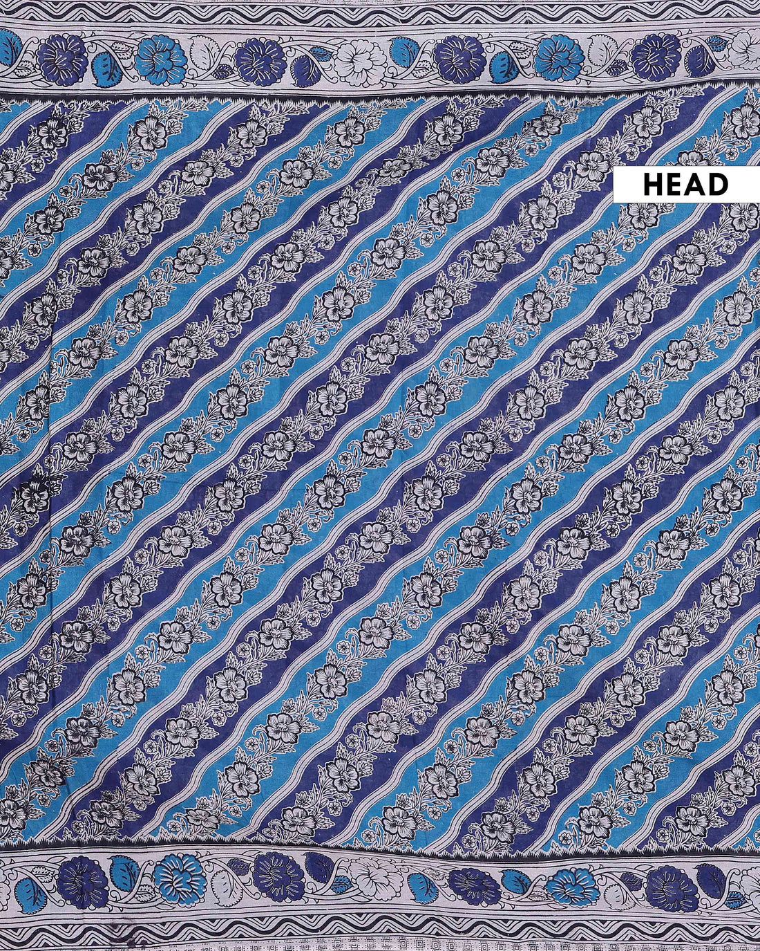 Traditional Hand Block Printed Kalamkari Cotton Saree Floral and Diagonal Patterns - Blue