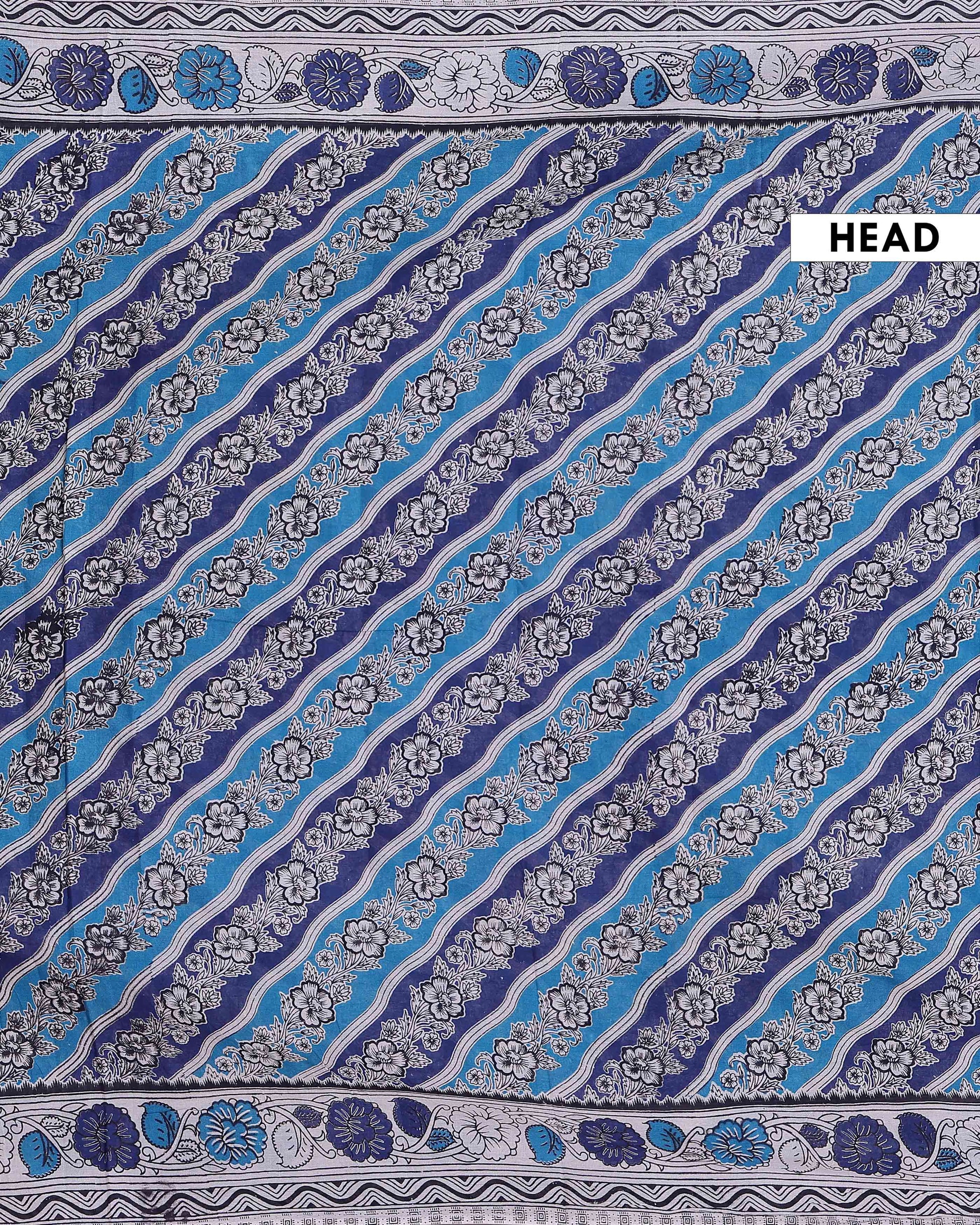 Traditional Hand Block Printed Kalamkari Cotton Saree Floral and Diagonal Patterns - Blue