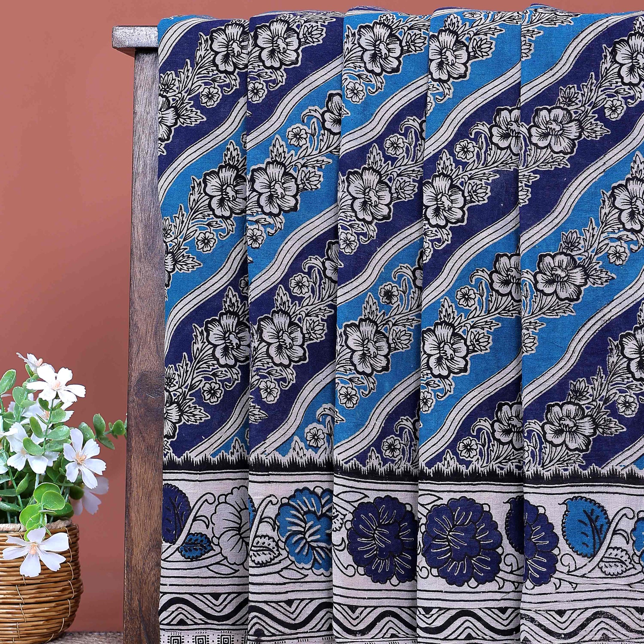 Traditional Hand Block Printed Kalamkari Cotton Saree Floral and Diagonal Patterns - Blue