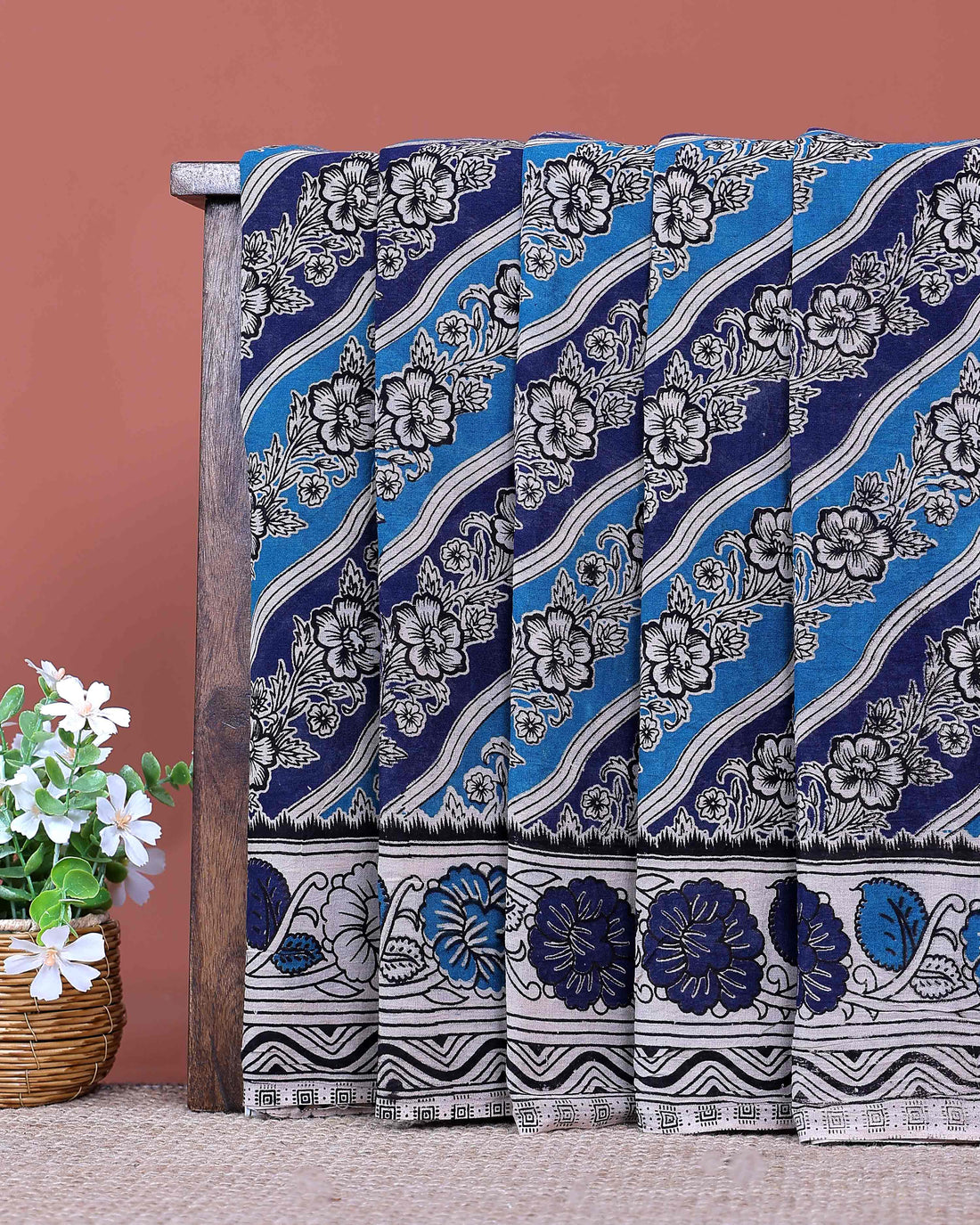 Traditional Hand Block Printed Kalamkari Cotton Saree Floral and Diagonal Patterns - Blue