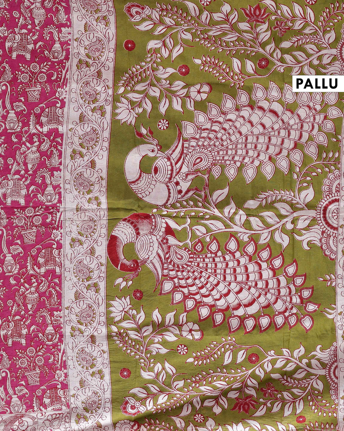 Traditional Hand Block Printed Kalamkari Cotton Saree with Traditional Motifs - Red