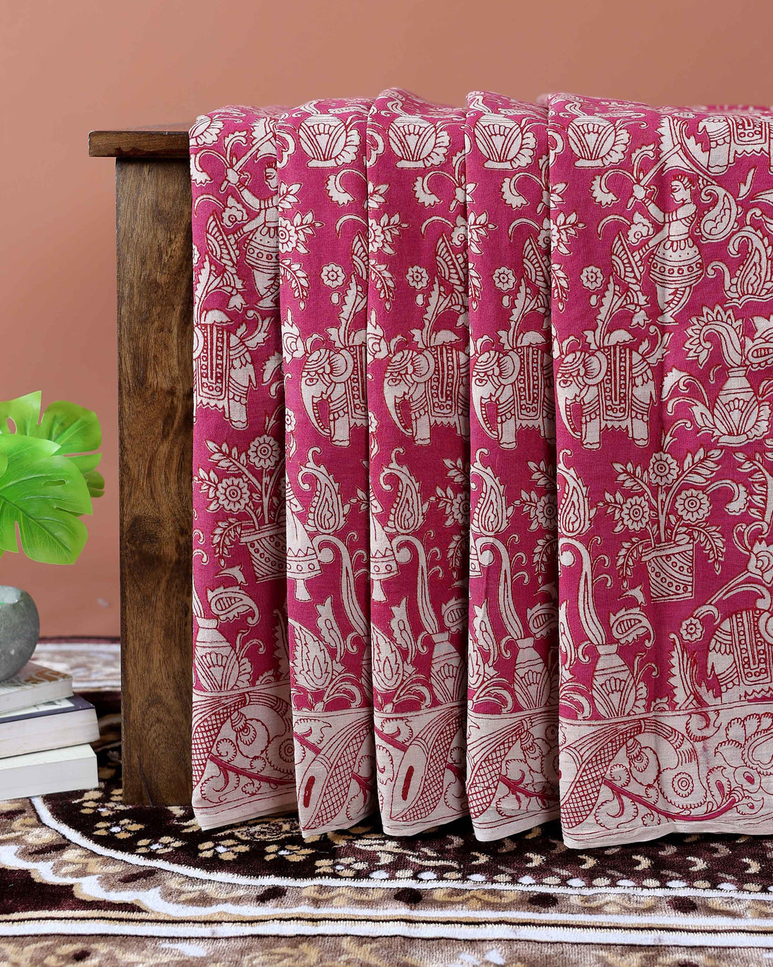 Traditional Hand Block Printed Kalamkari Cotton Saree with Traditional Motifs - Red