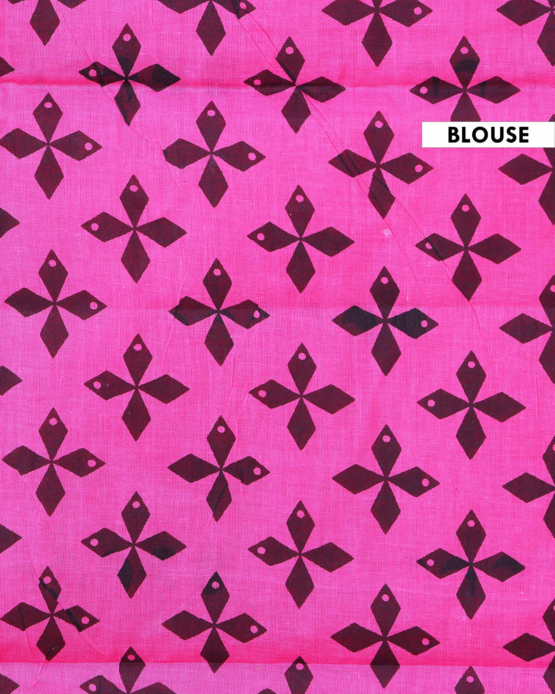 Traditional Hand Block Printed Mul Mul Cotton Saree with Floral Border - Pink-Blouse