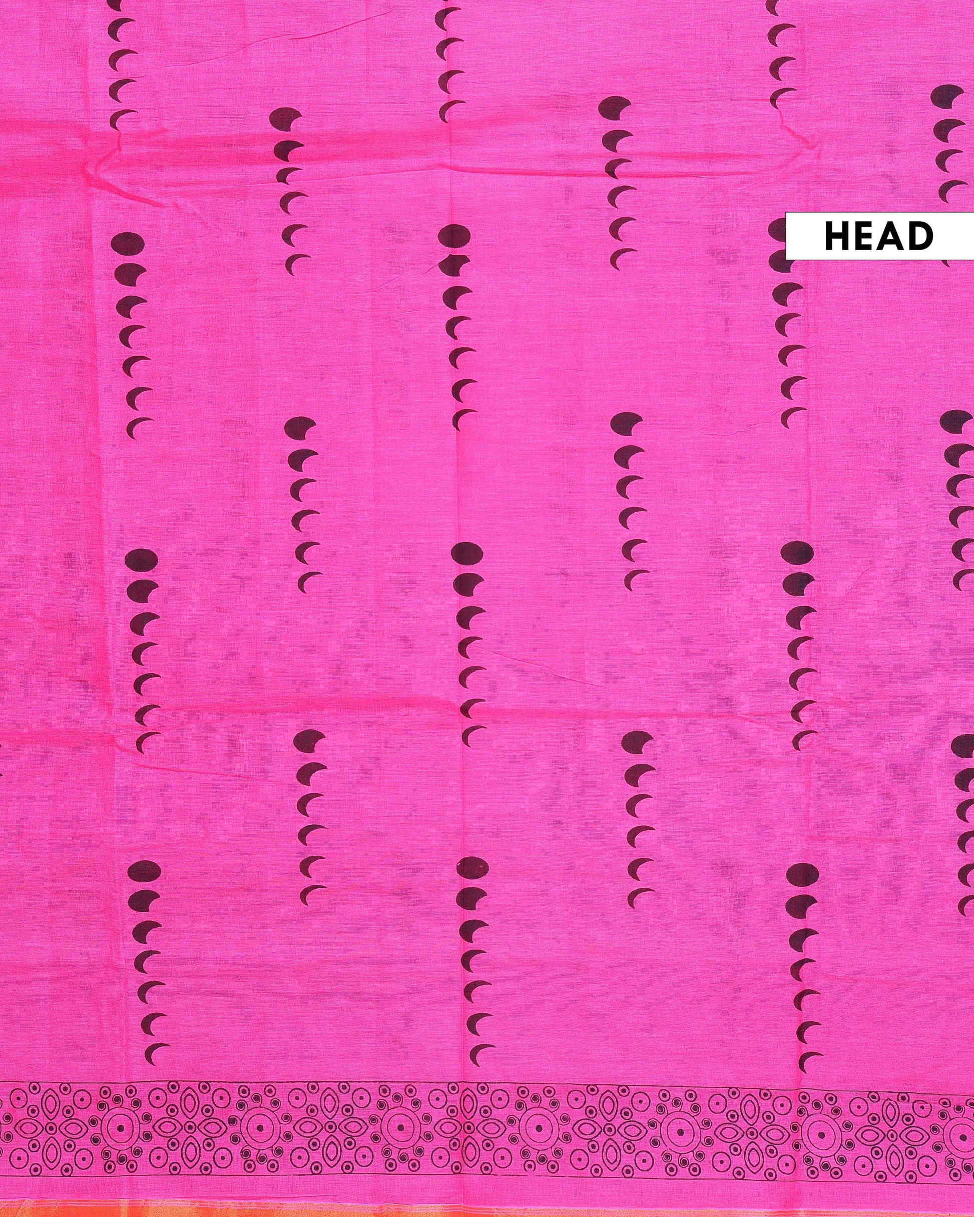 Traditional Hand Block Printed Mul Mul Cotton Saree with Floral Border - Pink-HEAD