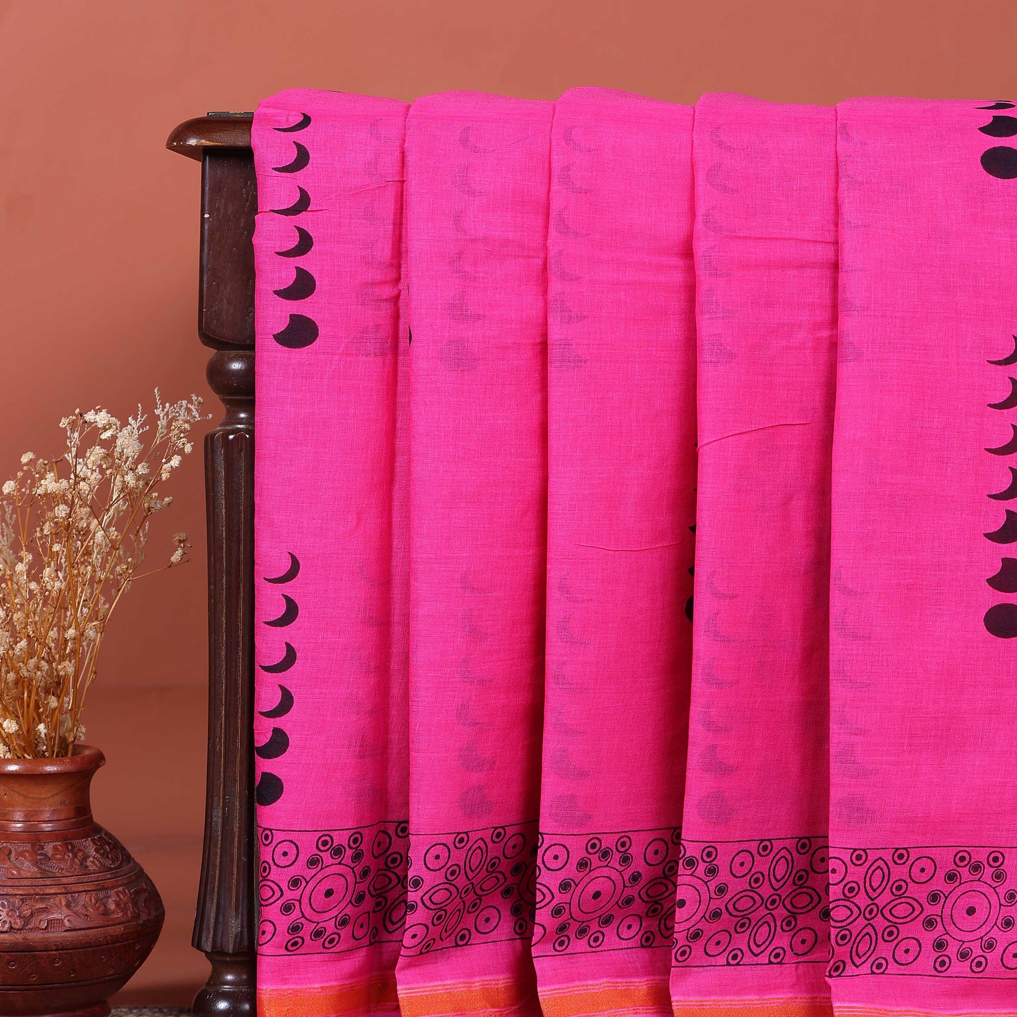 Traditional Hand Block Printed Mul Mul Cotton Saree with Floral Border - Pink