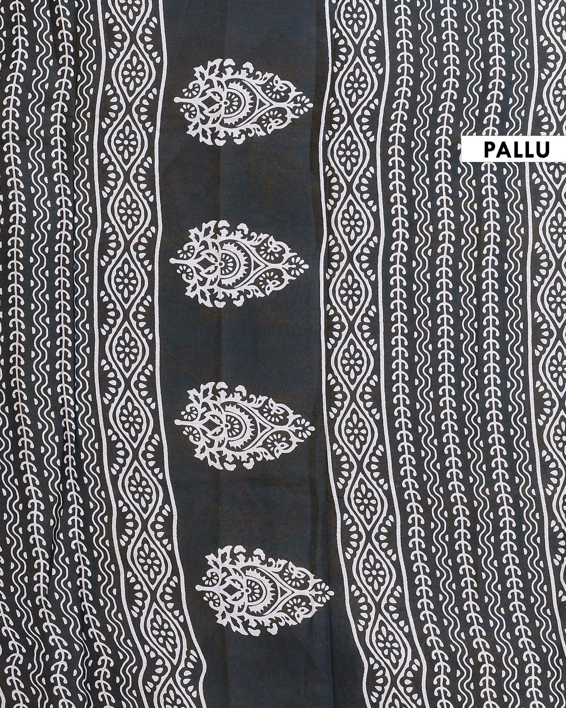 Traditional Hand Block Printed Mul Mul Cotton Saree with Floral Motifs - Dark Teal-Pallu