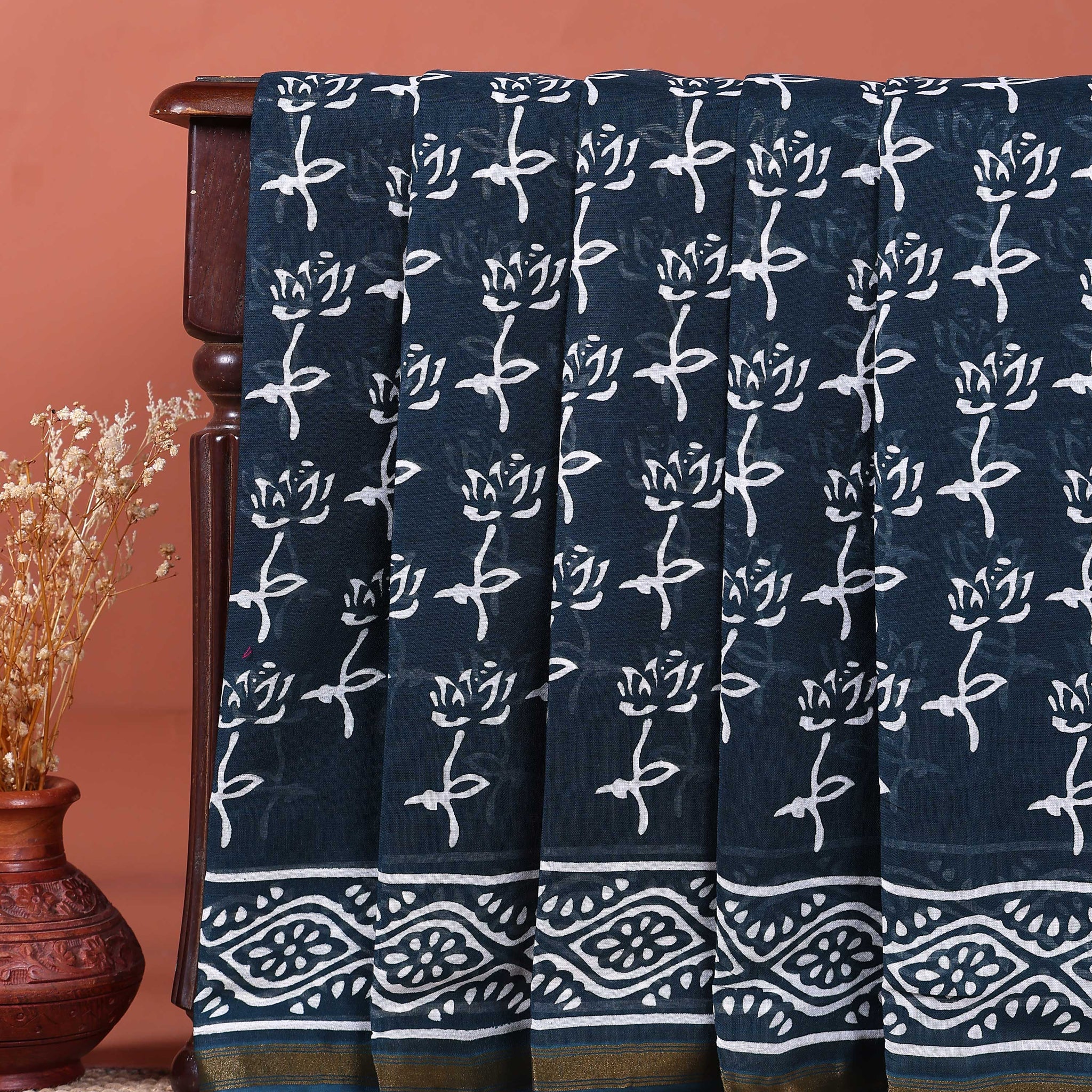 Traditional Hand Block Printed Mul Mul Cotton Saree with Floral Motifs - Dark Teal
