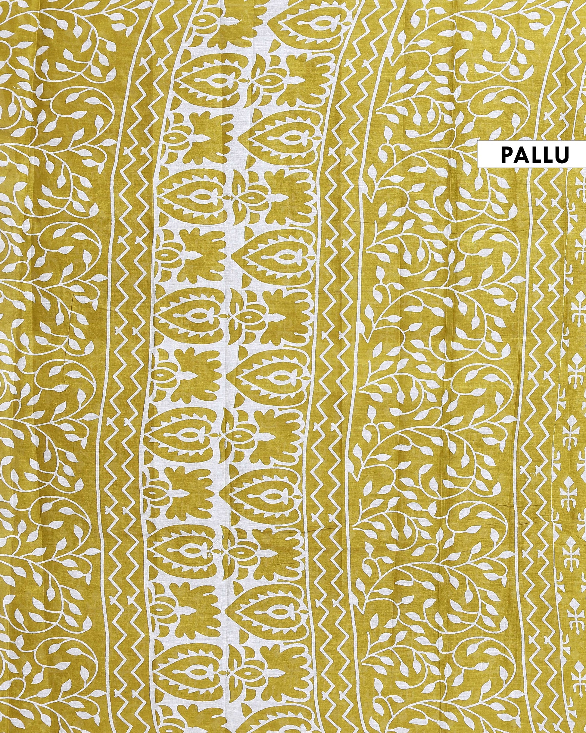 Traditional Hand Block Printed Mul Mul Cotton Saree with Traditional Motif - Green-Pallu