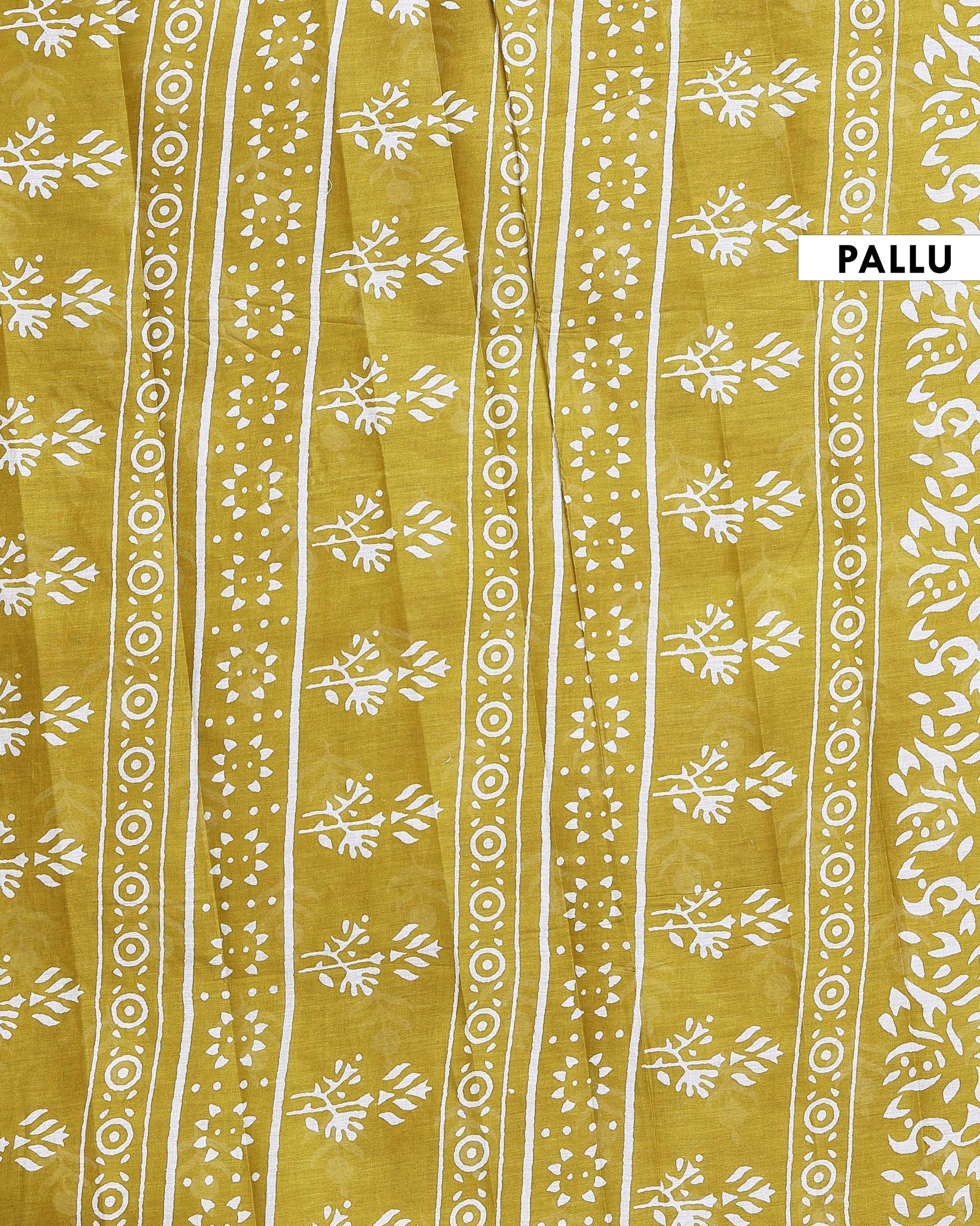 Traditional Hand Block Printed Mulmul Cotton Saree with Floral Motif - Green-Pallu