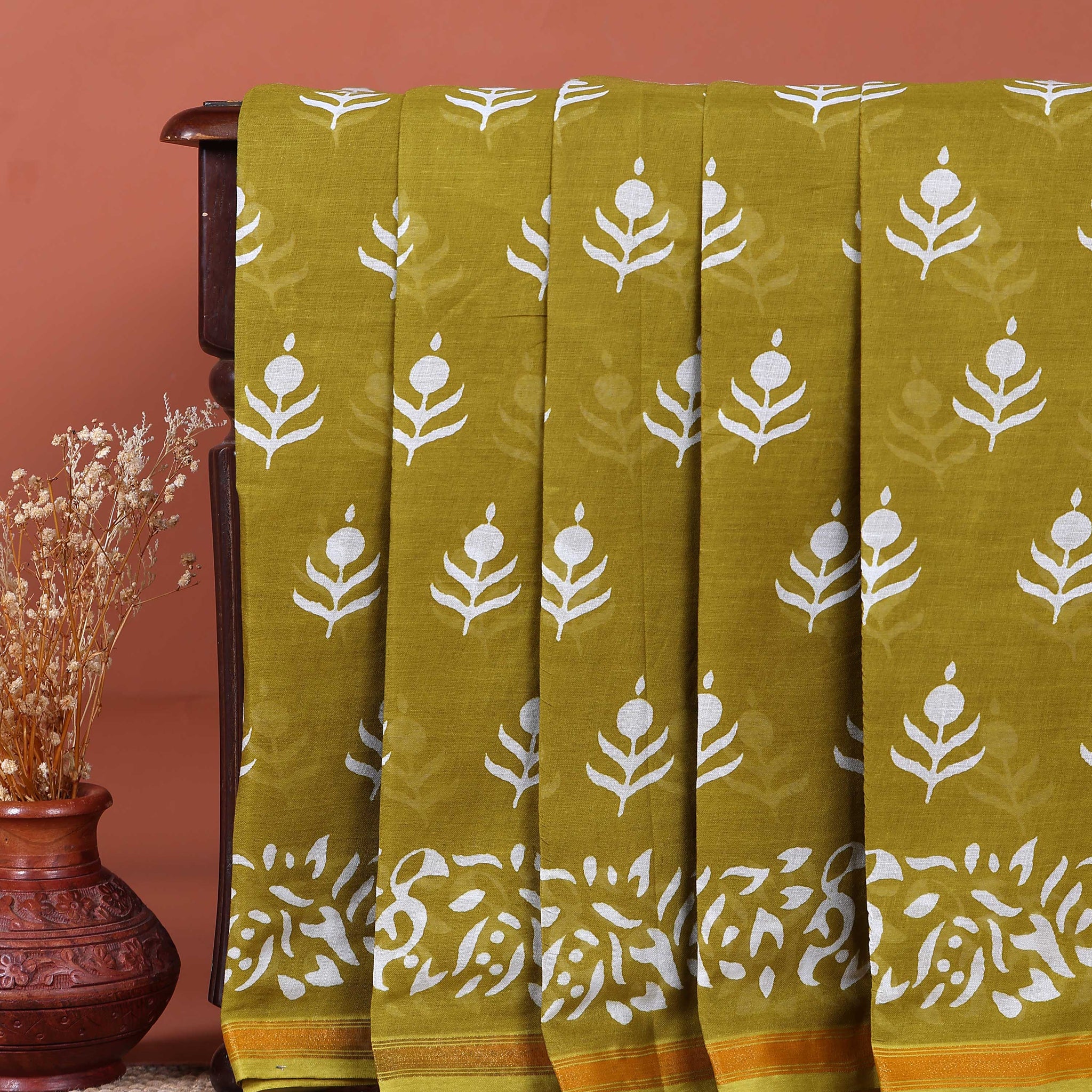 Traditional Hand Block Printed Mulmul Cotton Saree with Floral Motif - Green