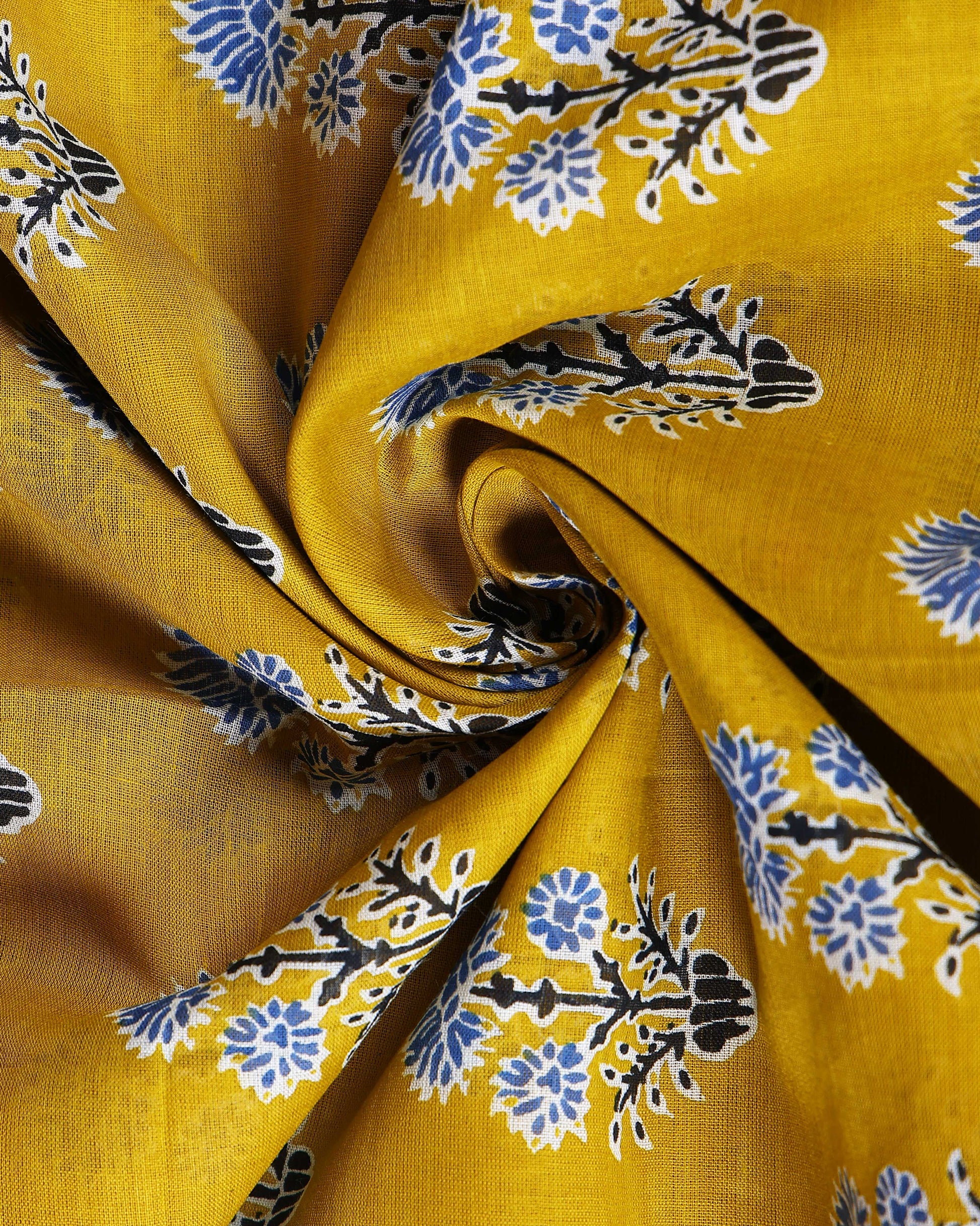 Traditional Hand Block Printed Mulmul Cotton Saree with Floral Motif - Yellow-Close
