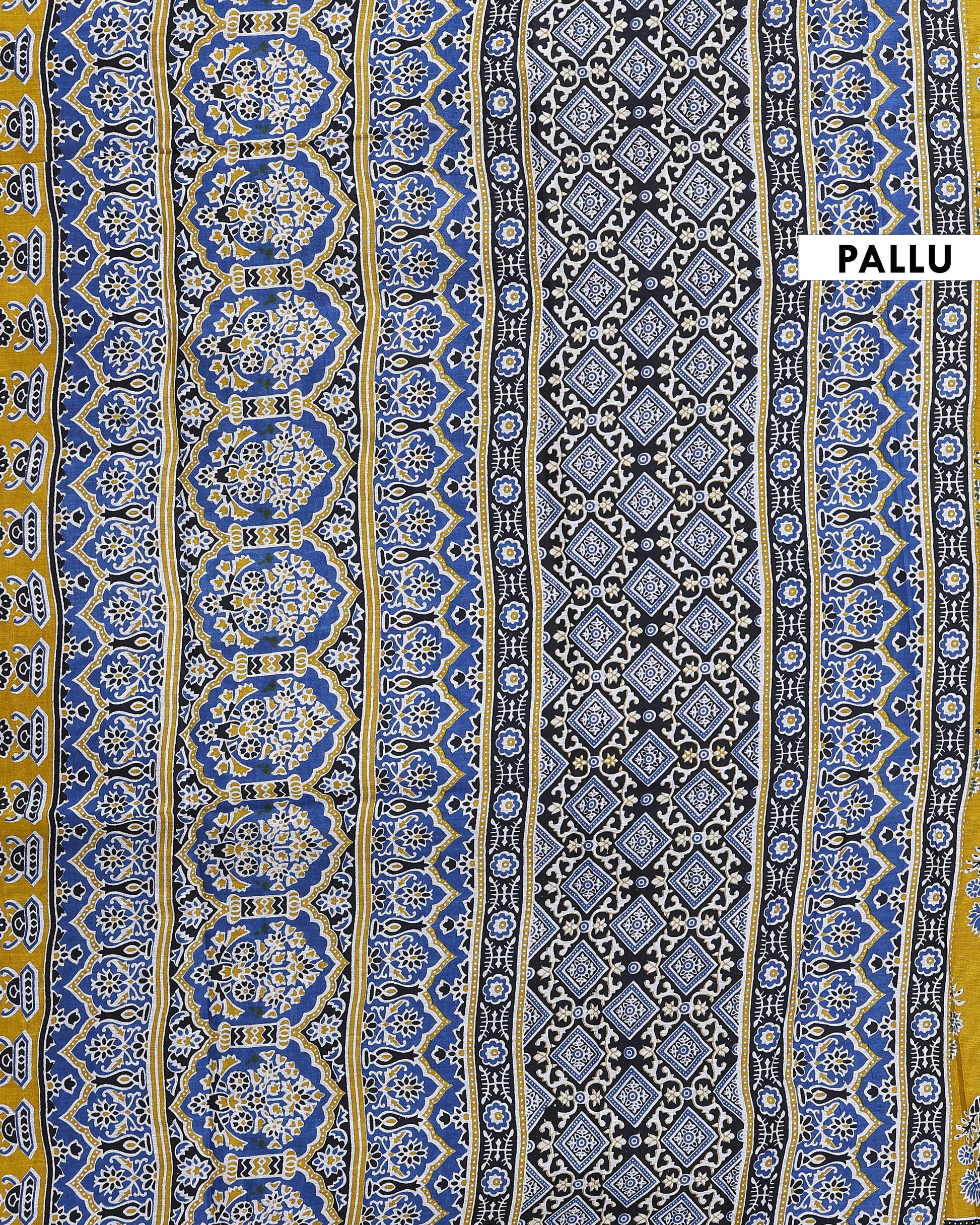 Traditional Hand Block Printed Mulmul Cotton Saree with Floral Motif - Yellow-Pallu