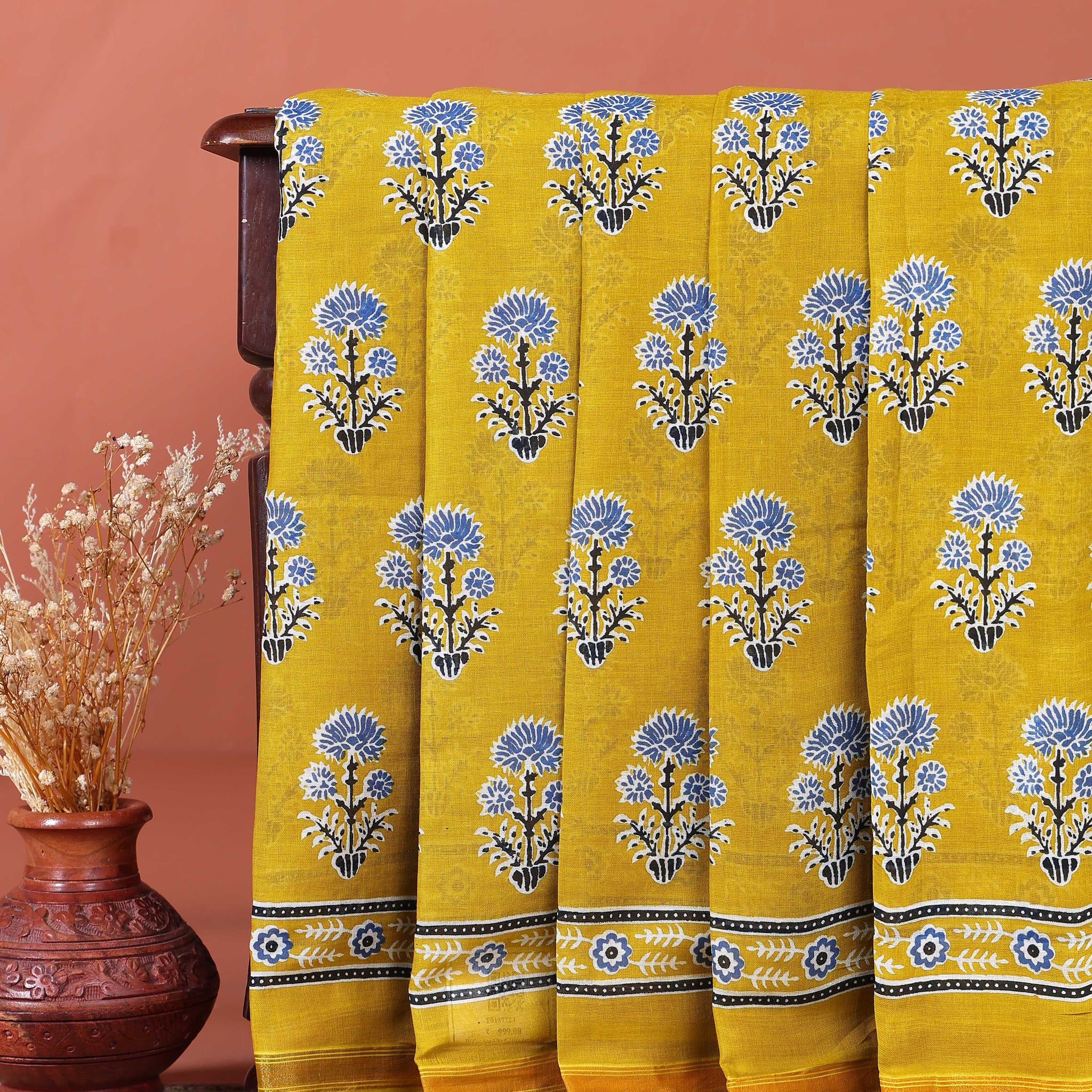 Traditional Hand Block Printed Mulmul Cotton Saree with Floral Motif - Yellow