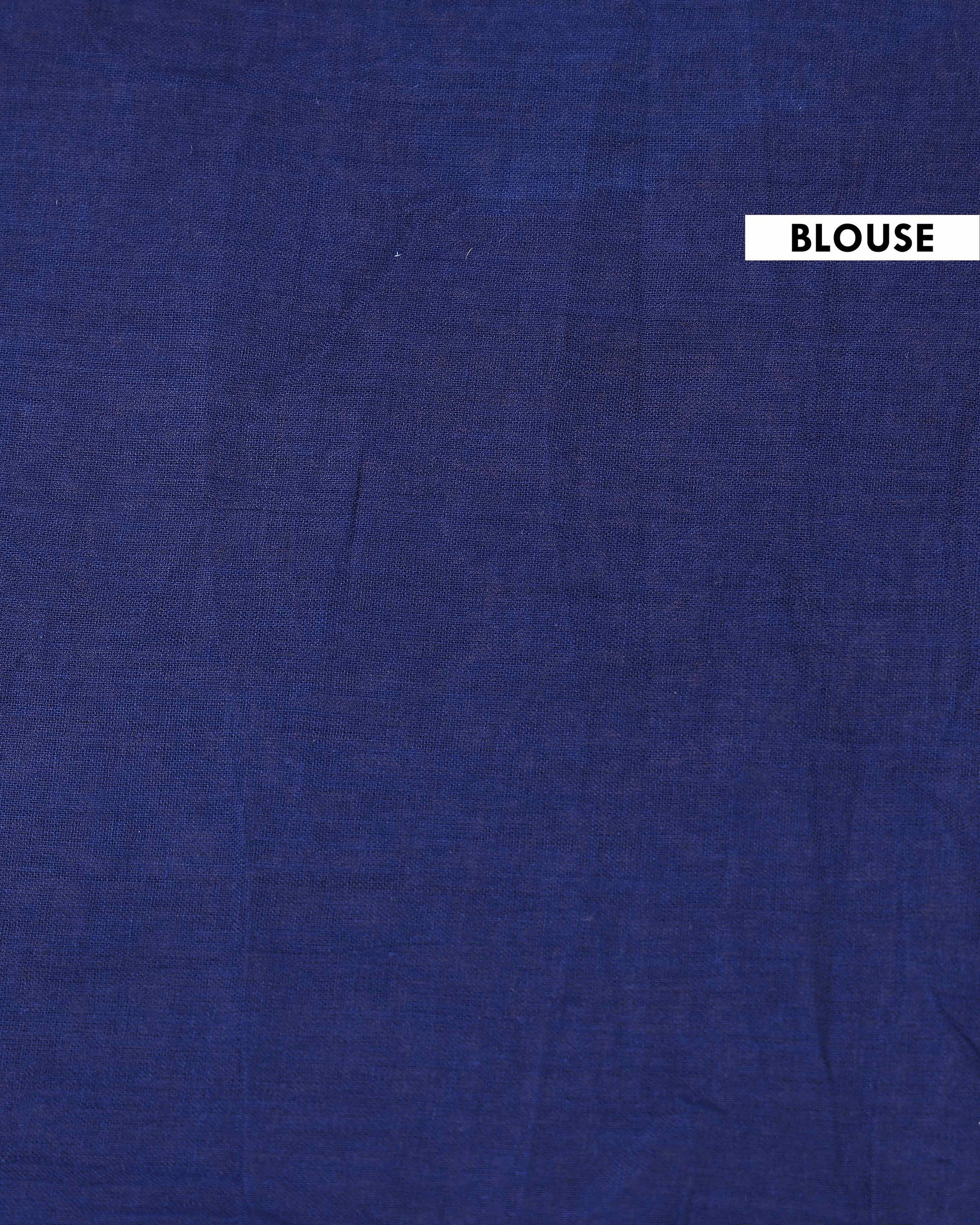 Traditional Hand Block Printed Mulmul Cotton Saree with Intricate Border - Sky Blue-Blouse