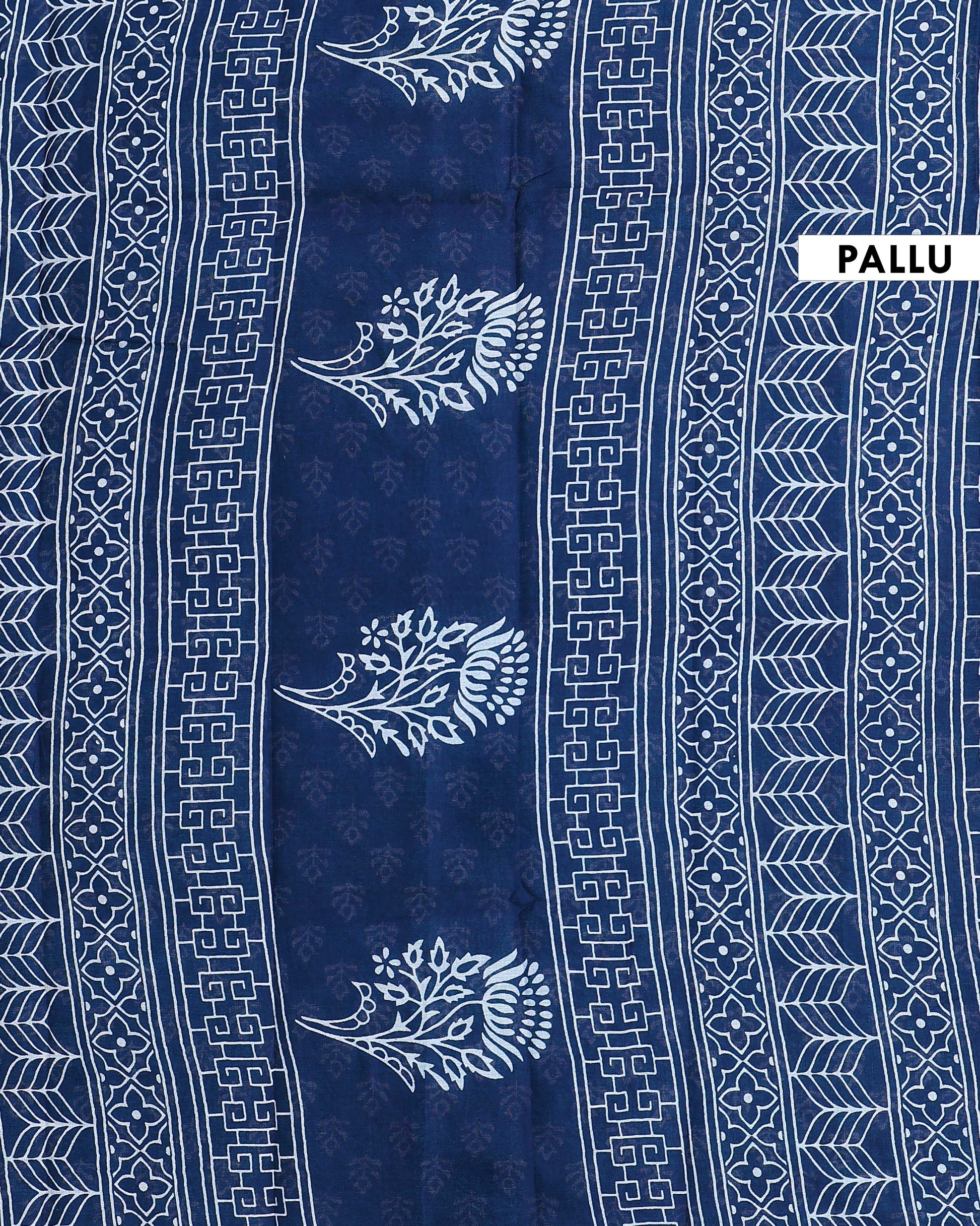 Traditional Hand Block Printed Mulmul Cotton Saree with Intricate Border - Sky Blue-Pallu