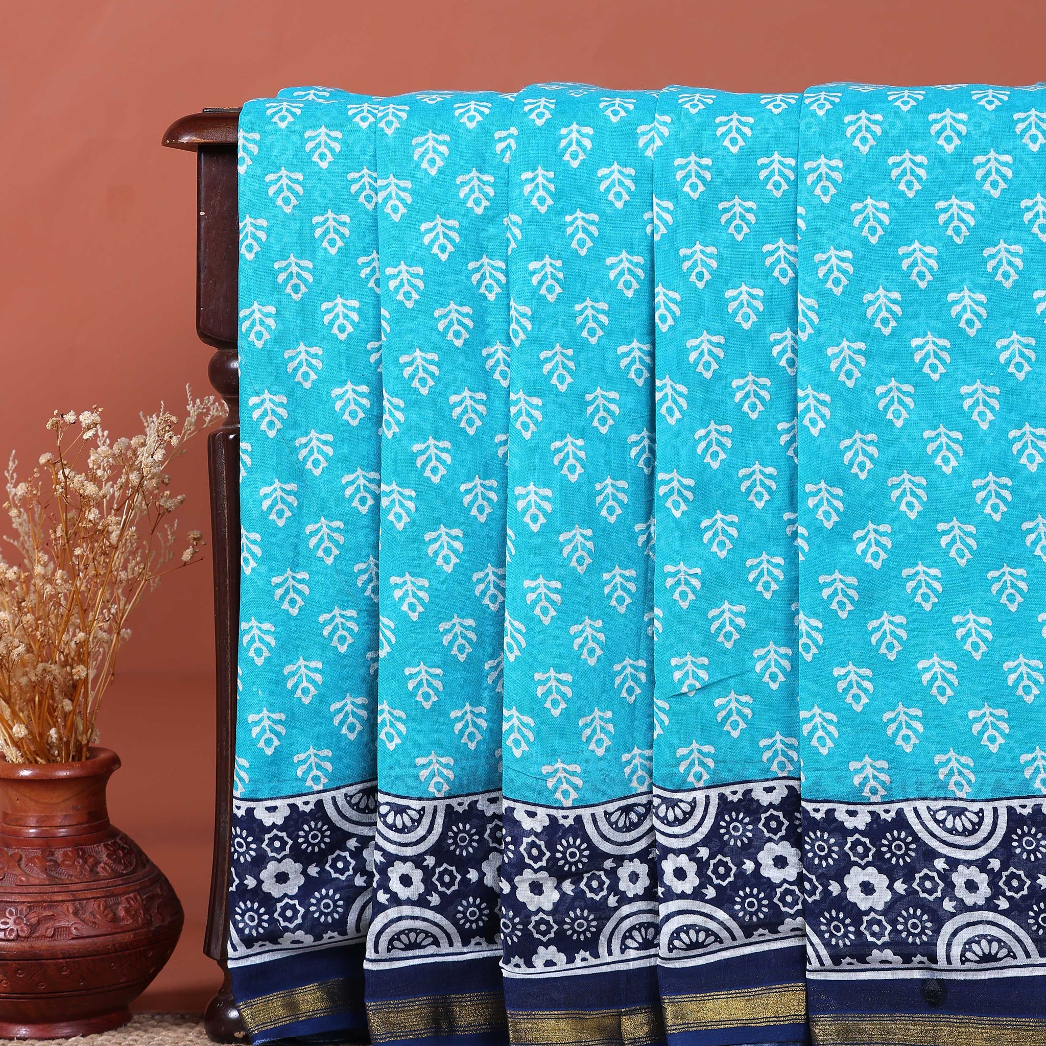Traditional Hand Block Printed Mulmul Cotton Saree with Intricate Border - Sky Blue
