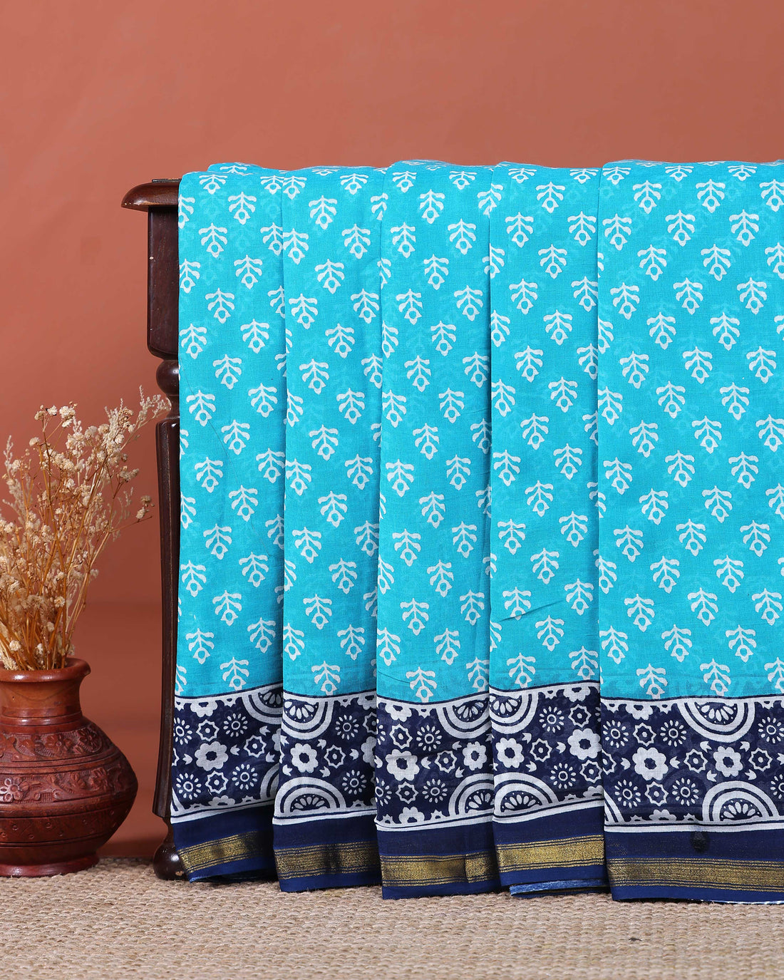 Traditional Hand Block Printed Mulmul Cotton Saree with Intricate Border - Sky Blue