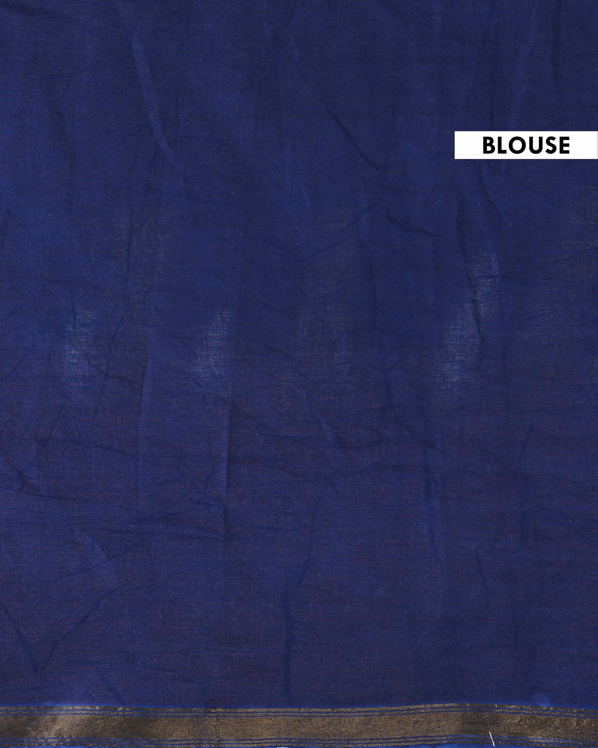 Traditional Hand Block Printed Mulmul Cotton Saree with Leaf Motif - Navy Blue-Blouse