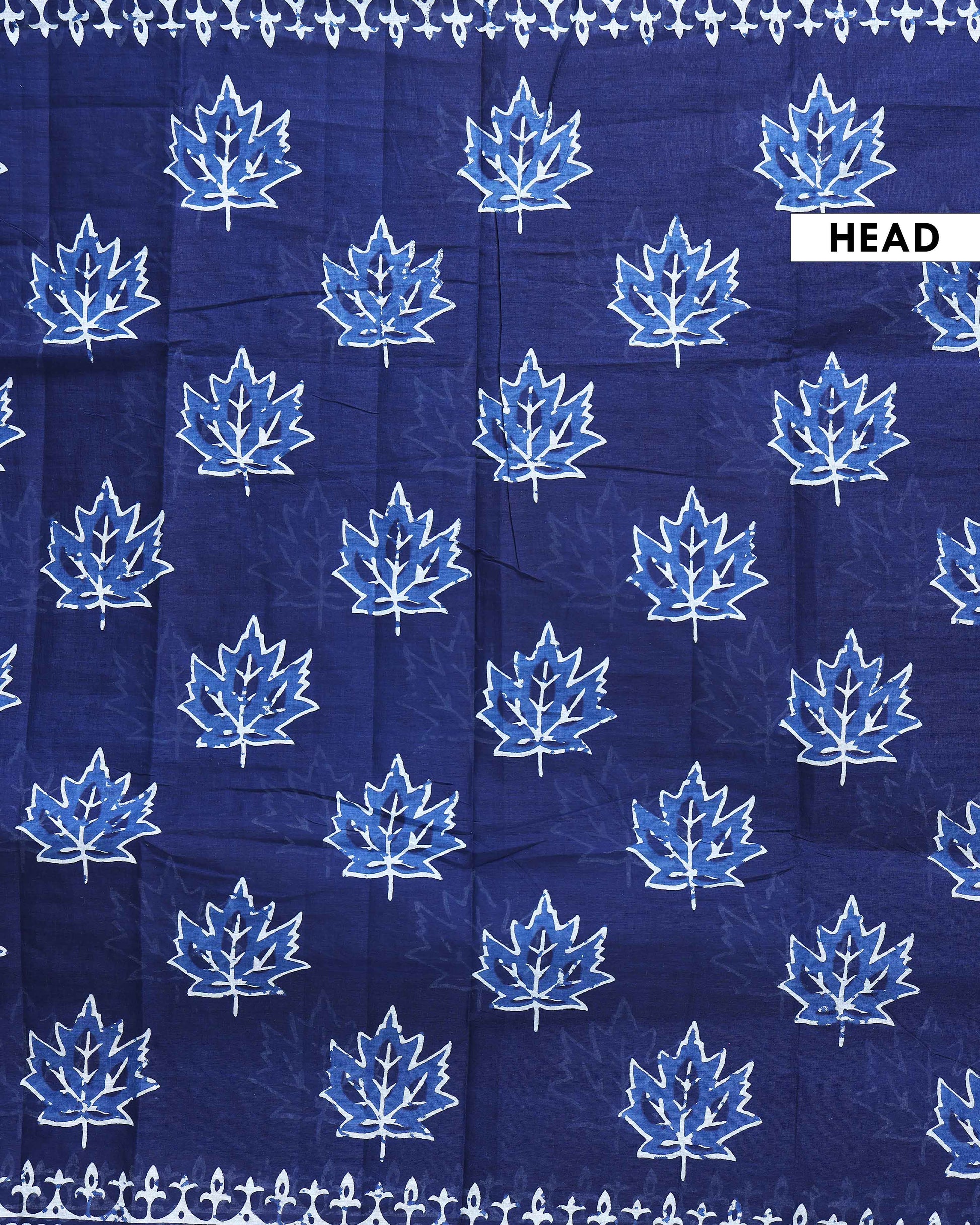 Traditional Hand Block Printed Mulmul Cotton Saree with Leaf Motif - Navy Blue-Head