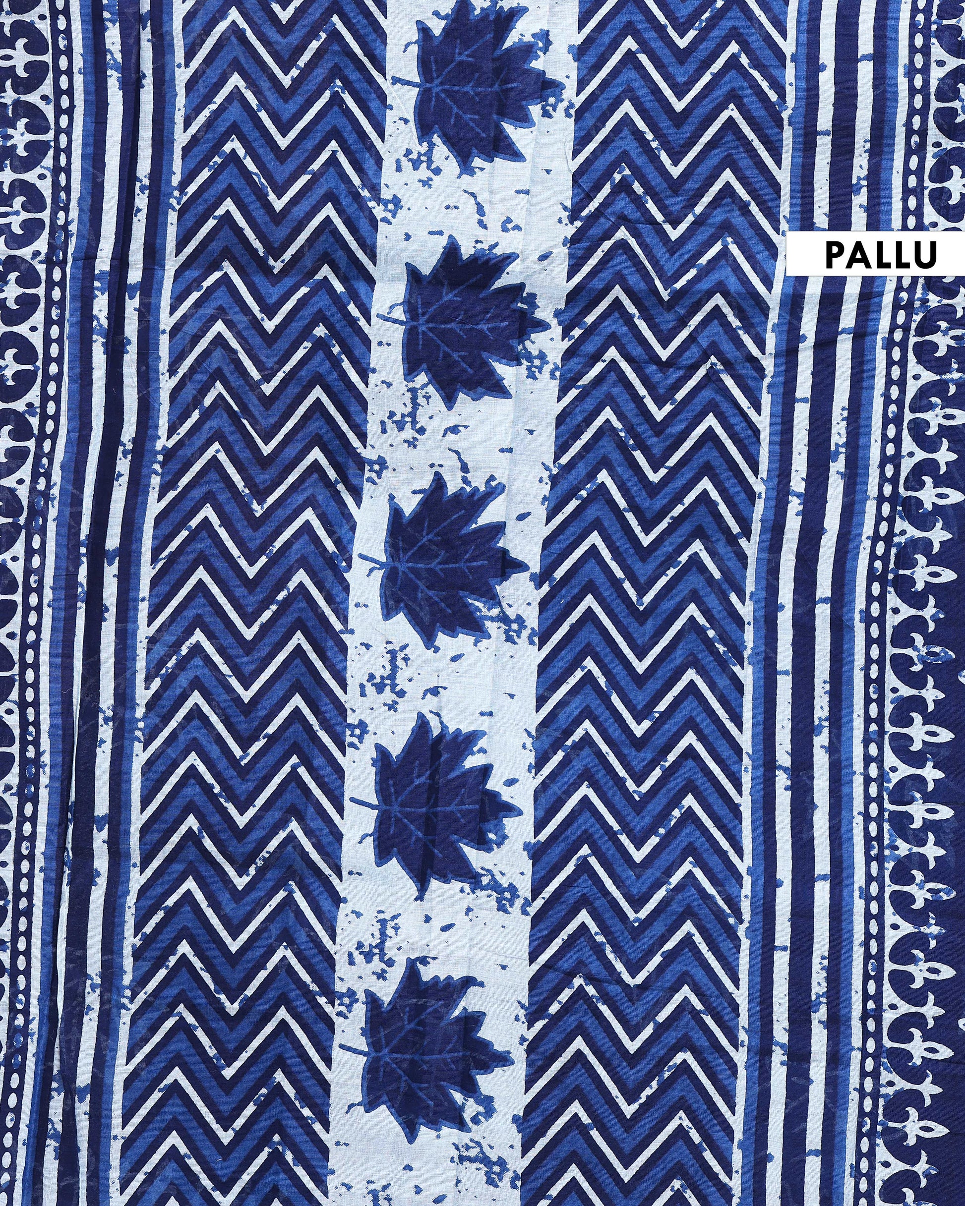 Traditional Hand Block Printed Mulmul Cotton Saree with Leaf Motif - Navy Blue-Pallu