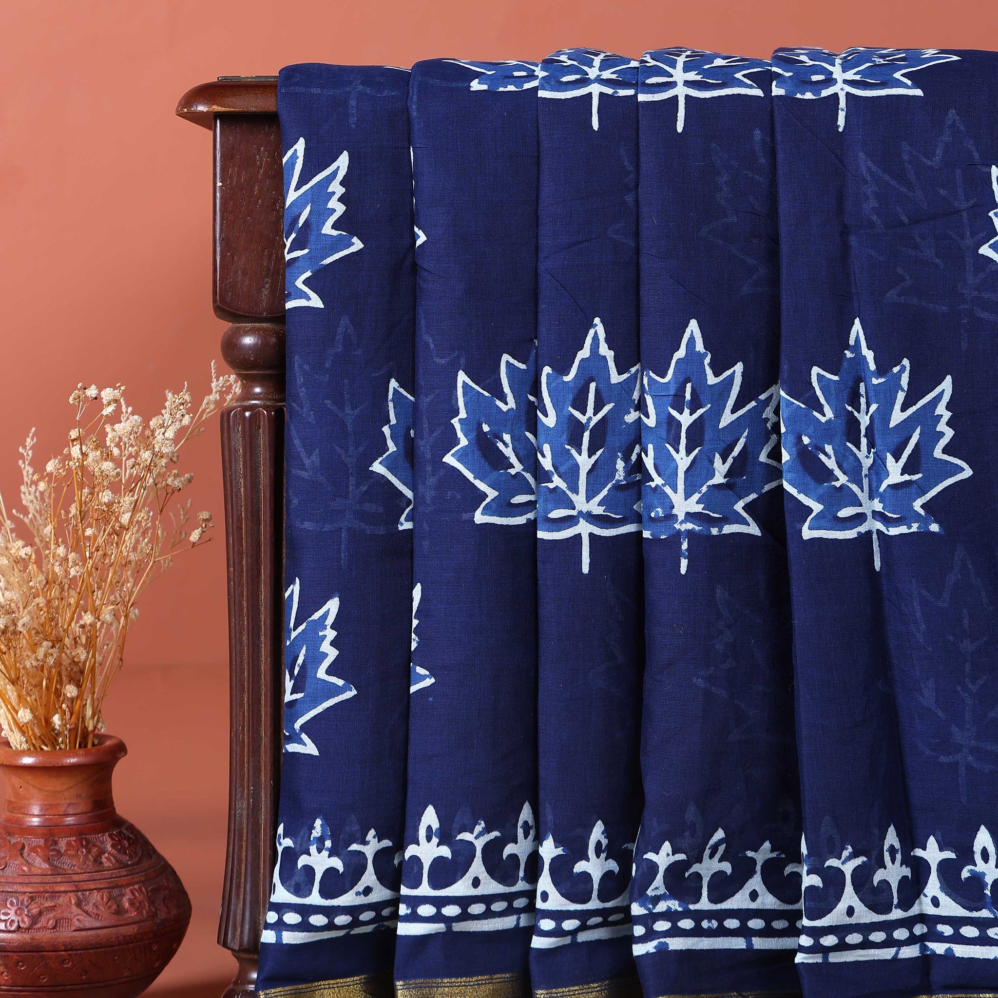 Traditional Hand Block Printed Mulmul Cotton Saree with Leaf Motif - Navy Blue