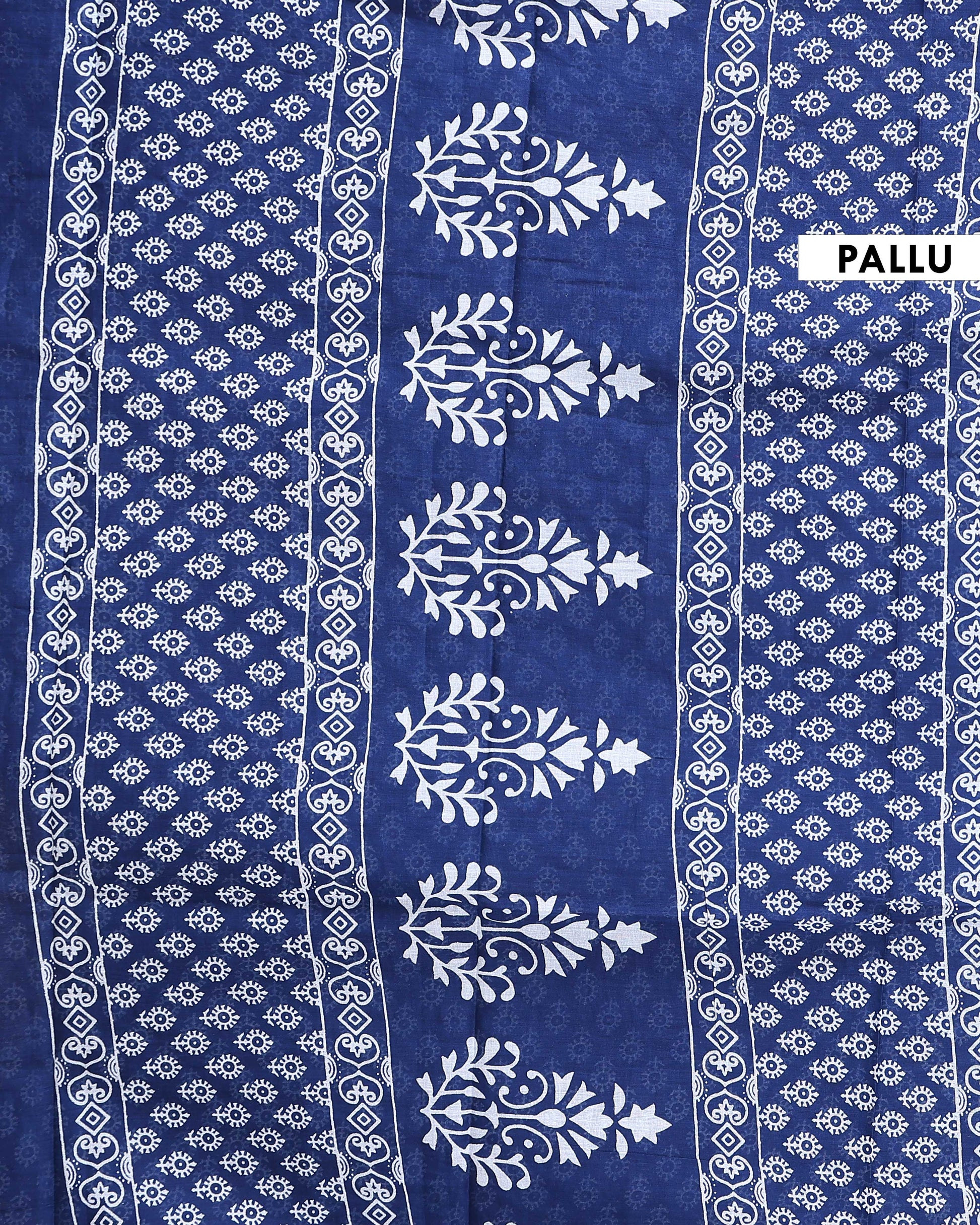 Traditional Hand Block Printed Mulmul Cotton Saree with Traditional Motifs - Blue-Pallu