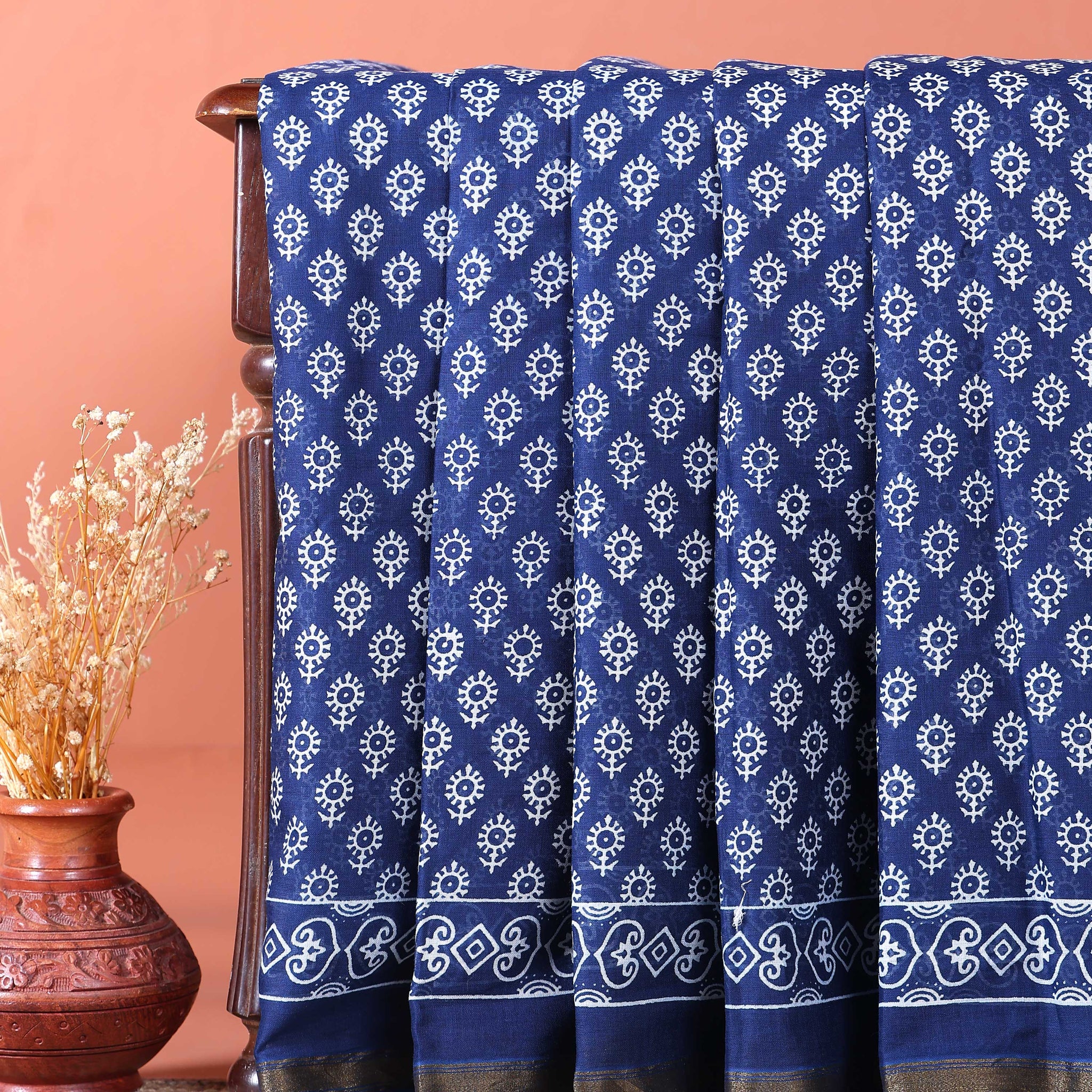 Traditional Hand Block Printed Mulmul Cotton Saree with Traditional Motifs - Blue