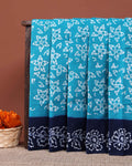 Traditional Hand Block Printed Sungudi Cotton Saree with Intricate Floral Motifs - Sky Blue