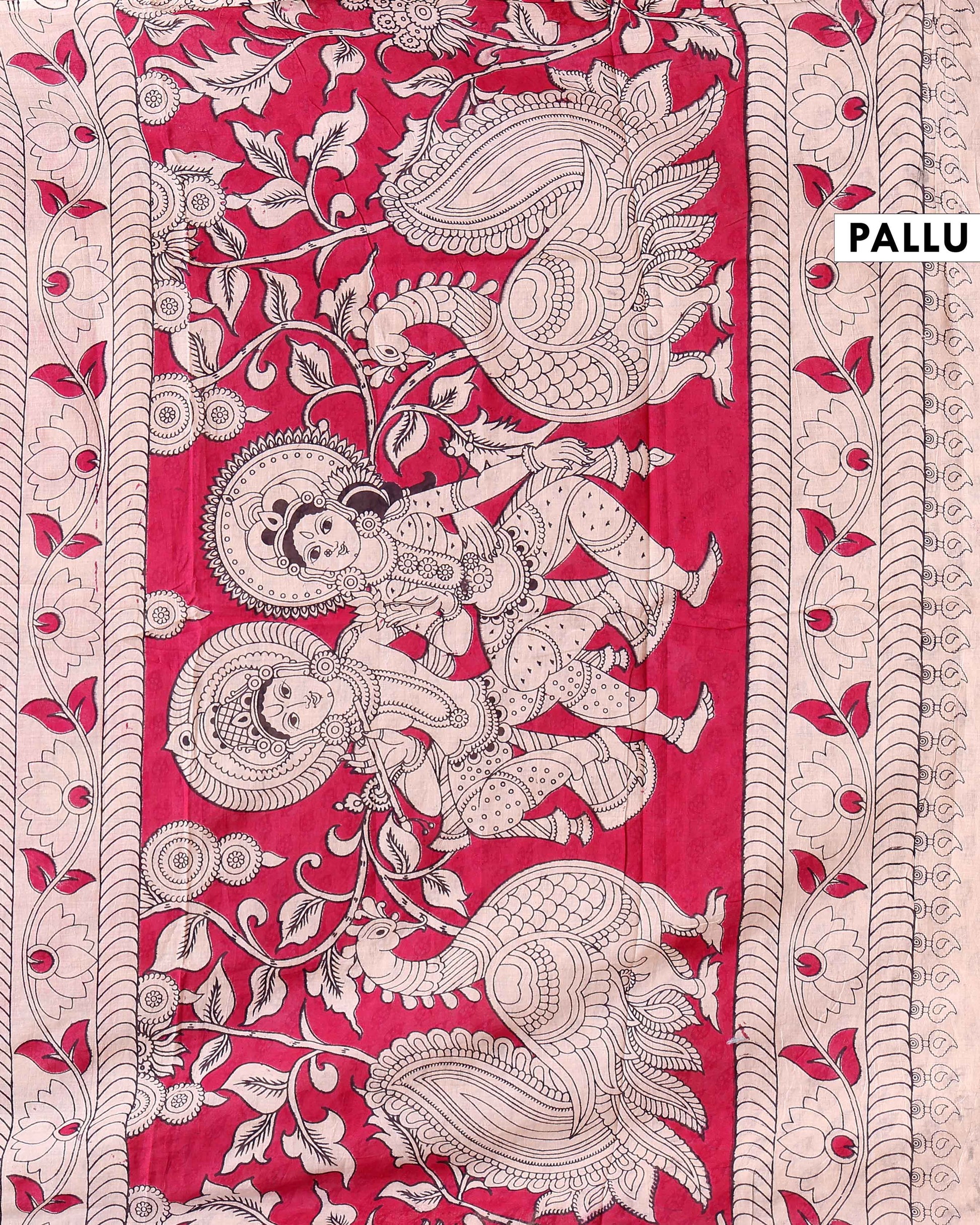 Traditional Hand Painted Kalamkari Cotton Saree with Floral Motifs - Red