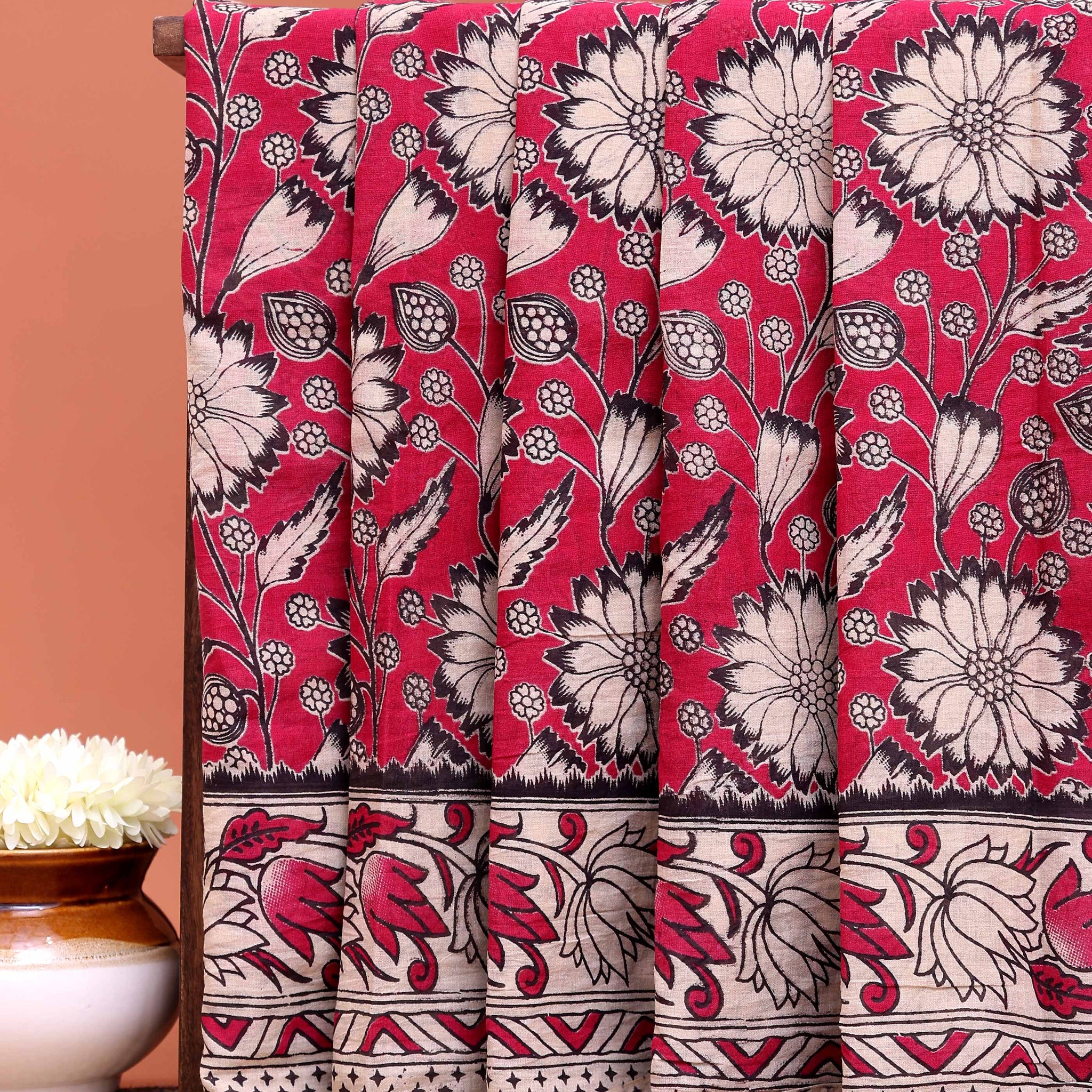 Traditional Hand Painted Kalamkari Cotton Saree with Floral Motifs - Red