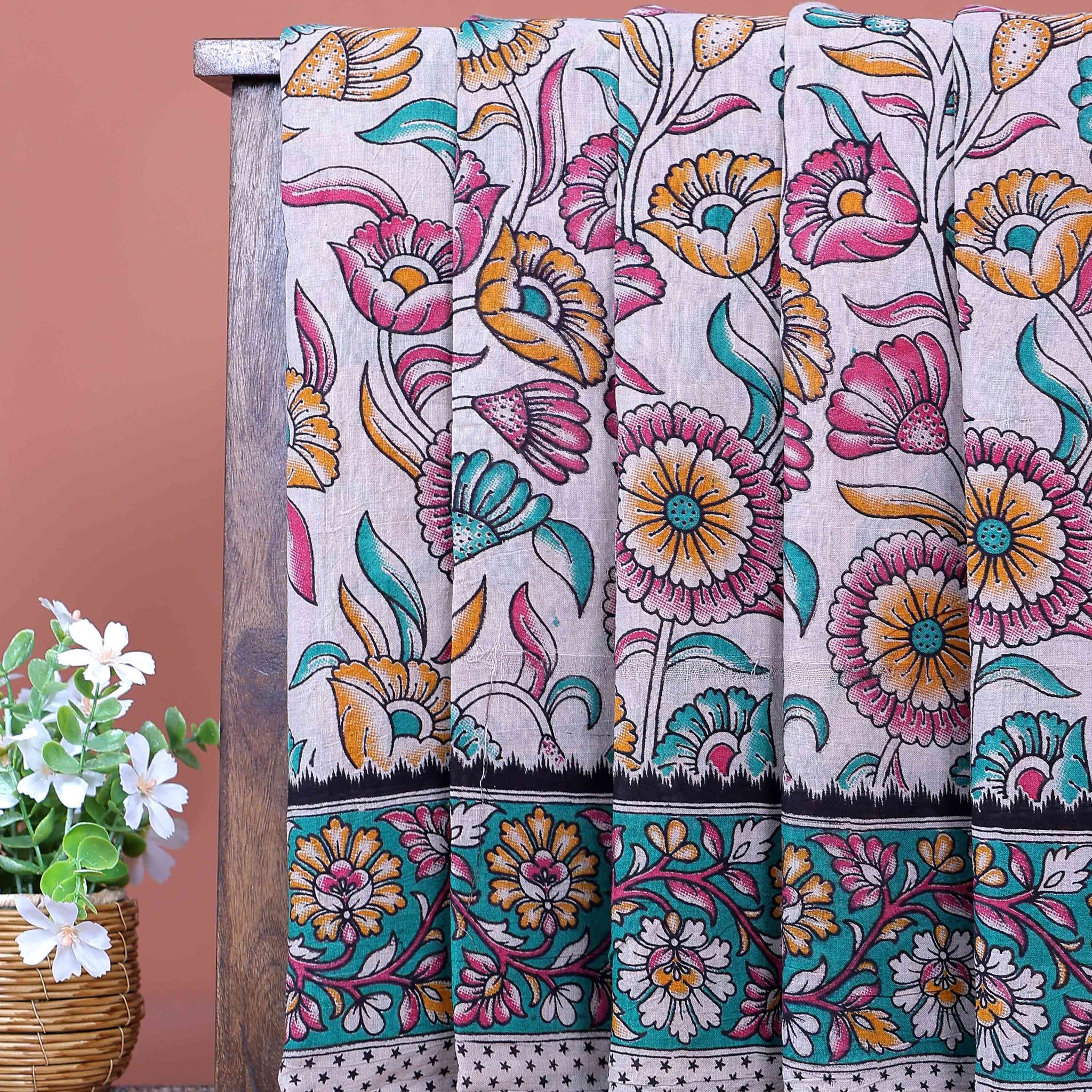 Traditional Hand Painted Kalamkari Cotton Saree with Floral Motifs and Border - Off White