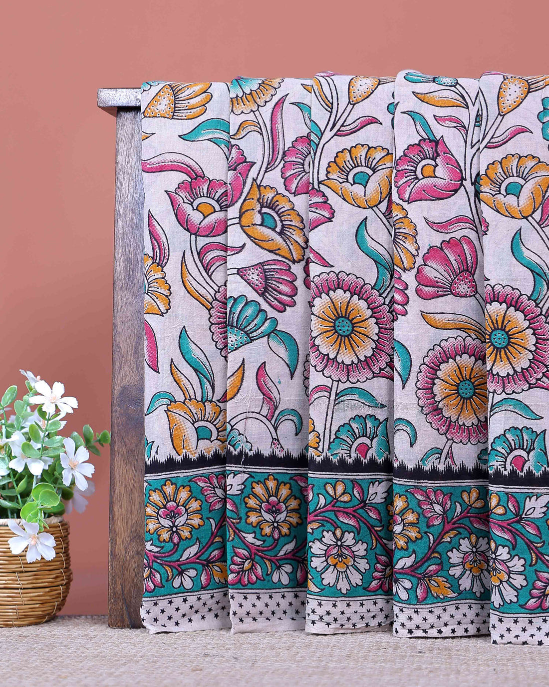 Traditional Hand Painted Kalamkari Cotton Saree with Floral Motifs and Border - Off White