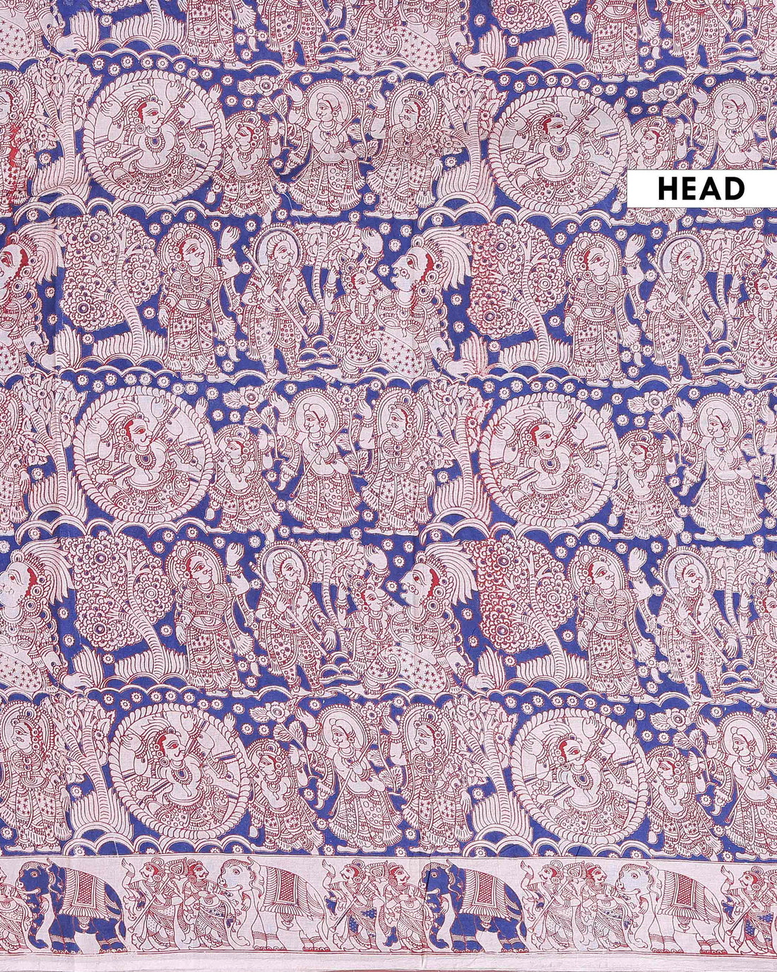 Traditional Hand Painted Kalamkari Cotton Saree with Intricate Elephant & Figurative Motifs - Blue