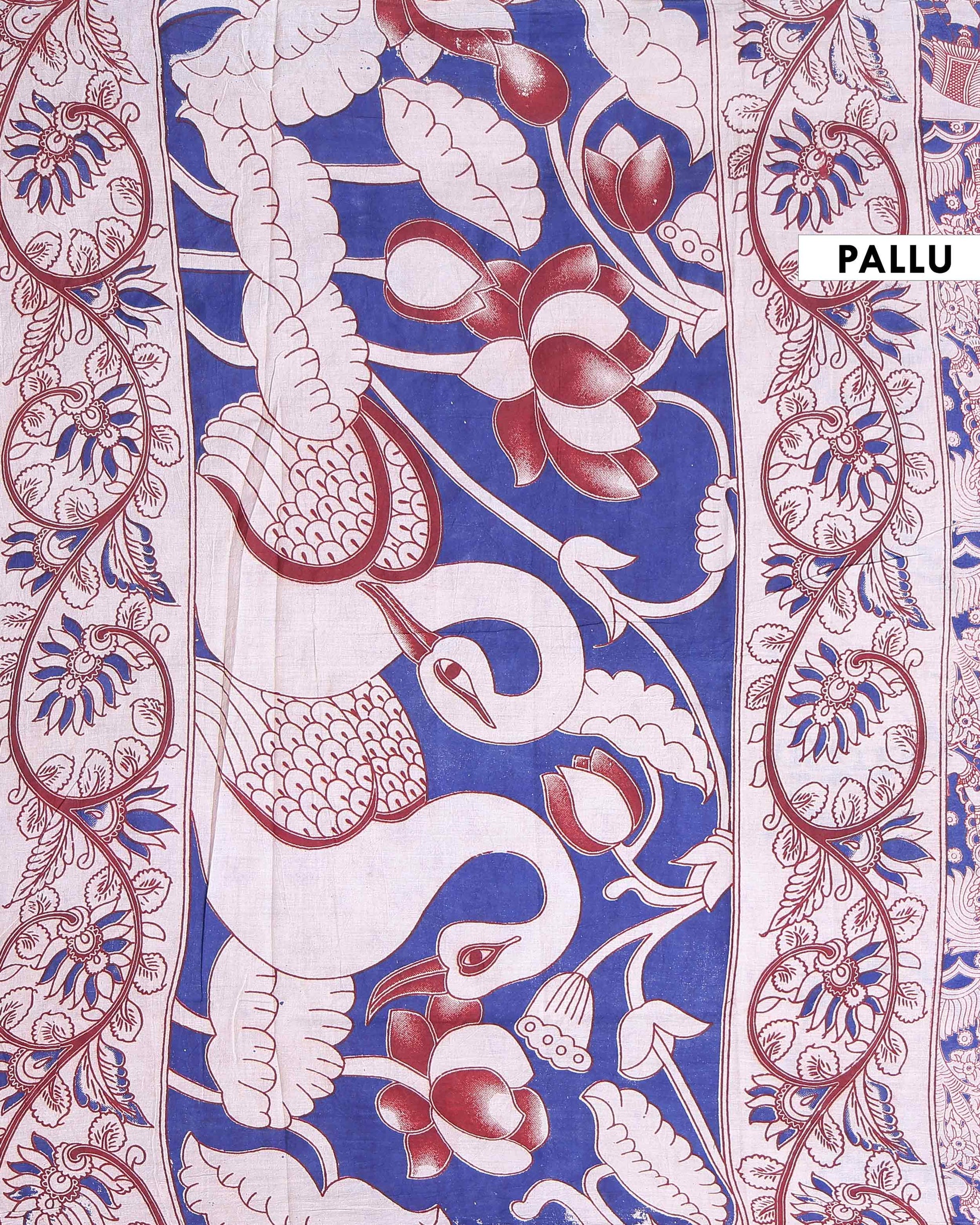 Traditional Hand Painted Kalamkari Cotton Saree with Intricate Elephant & Figurative Motifs - Blue