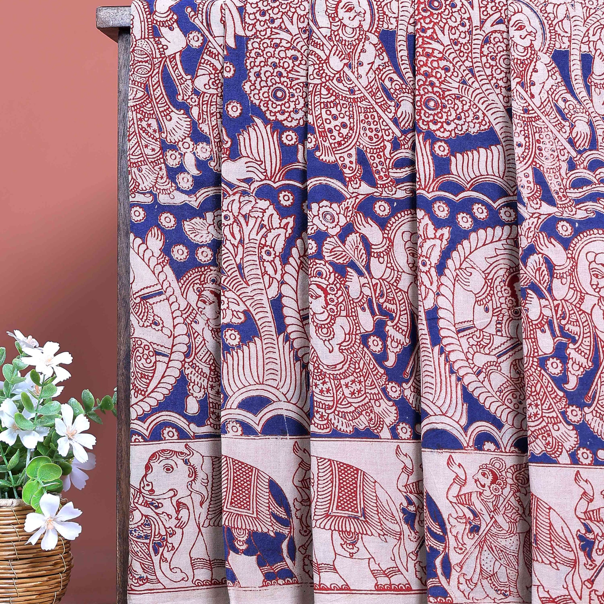 Traditional Hand Painted Kalamkari Cotton Saree with Intricate Elephant & Figurative Motifs - Blue