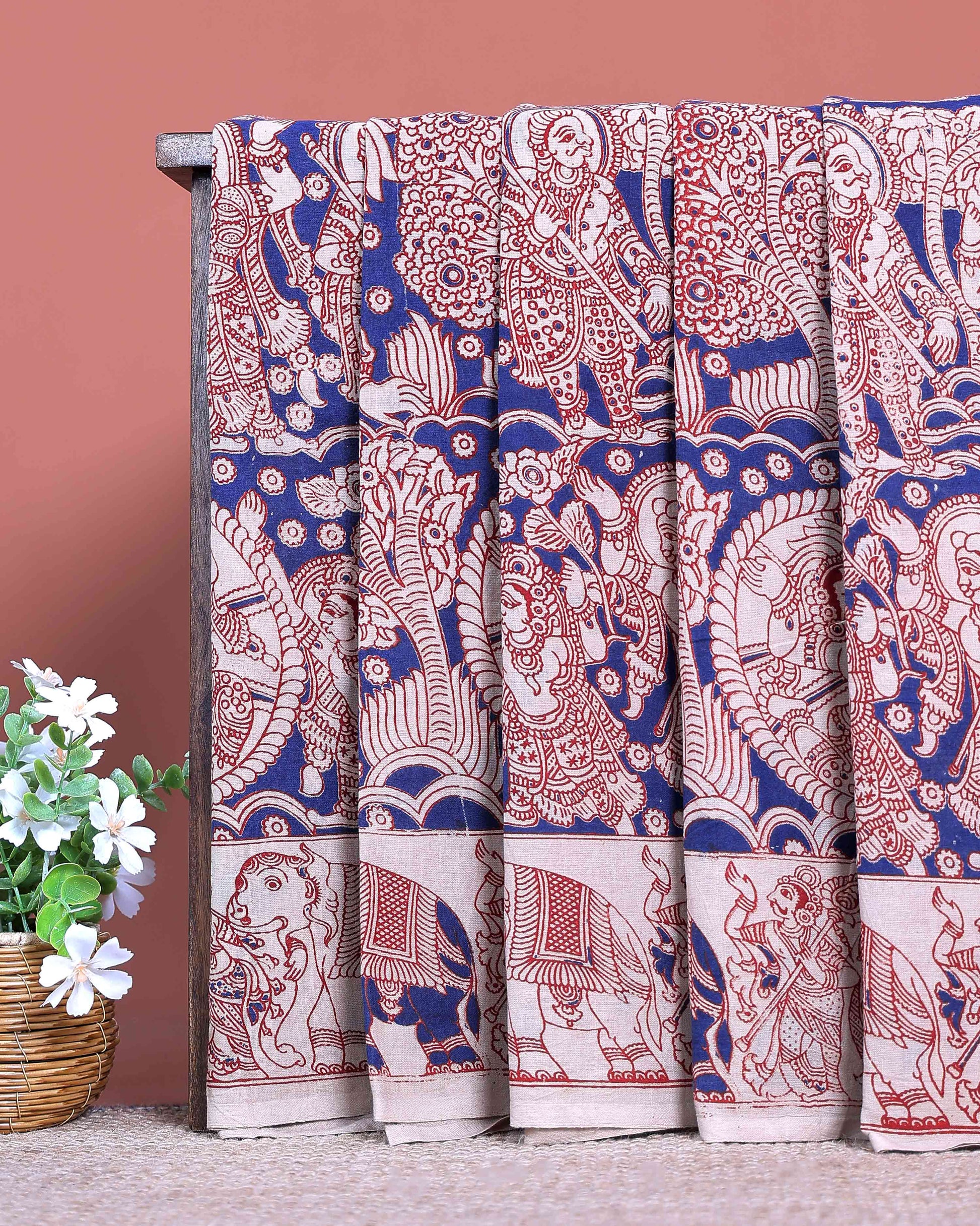 Traditional Hand Painted Kalamkari Cotton Saree with Intricate Elephant & Figurative Motifs - Blue