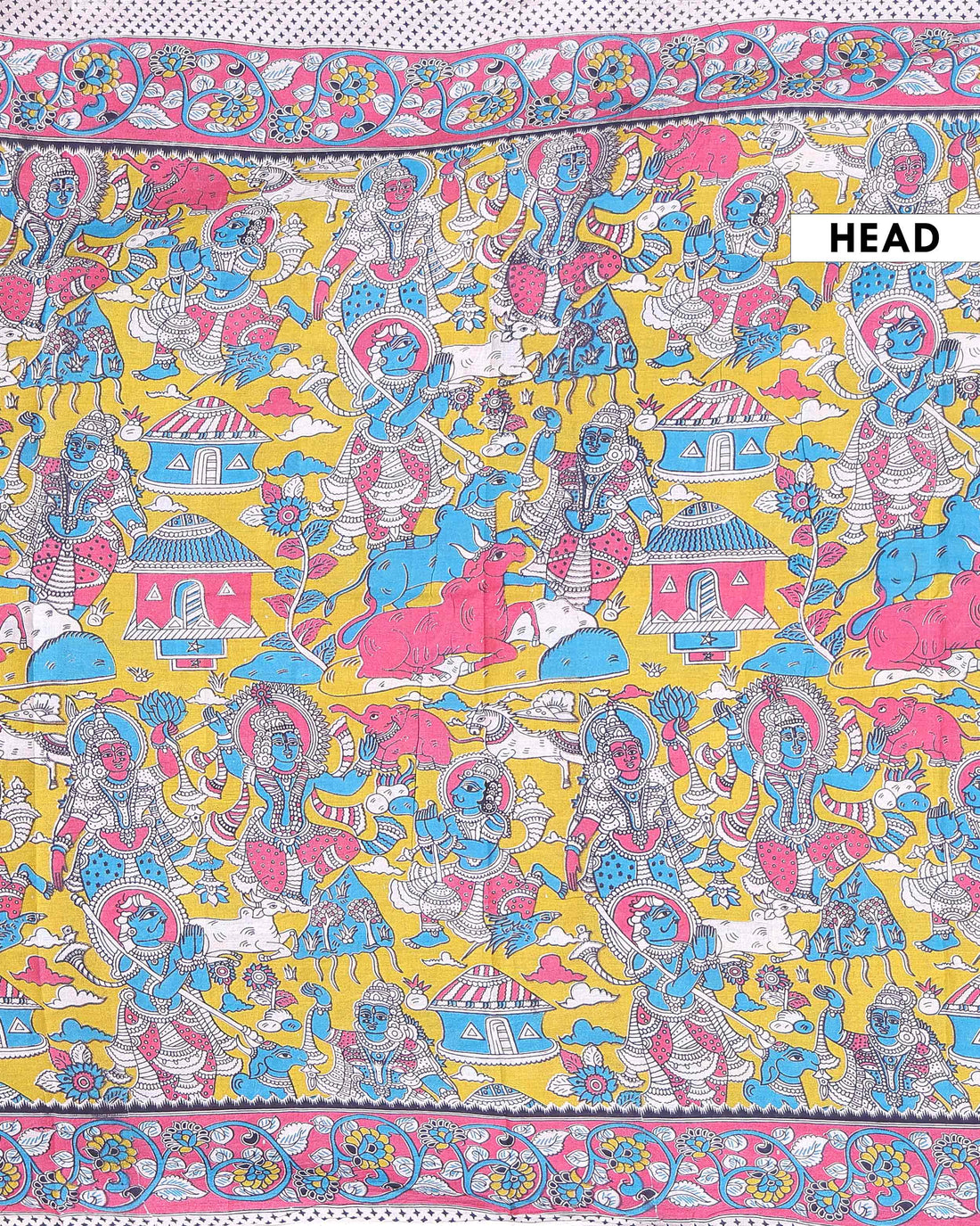 Traditional Hand Painted Kalamkari Cotton Saree with Mythological & Floral Motifs - Yellow