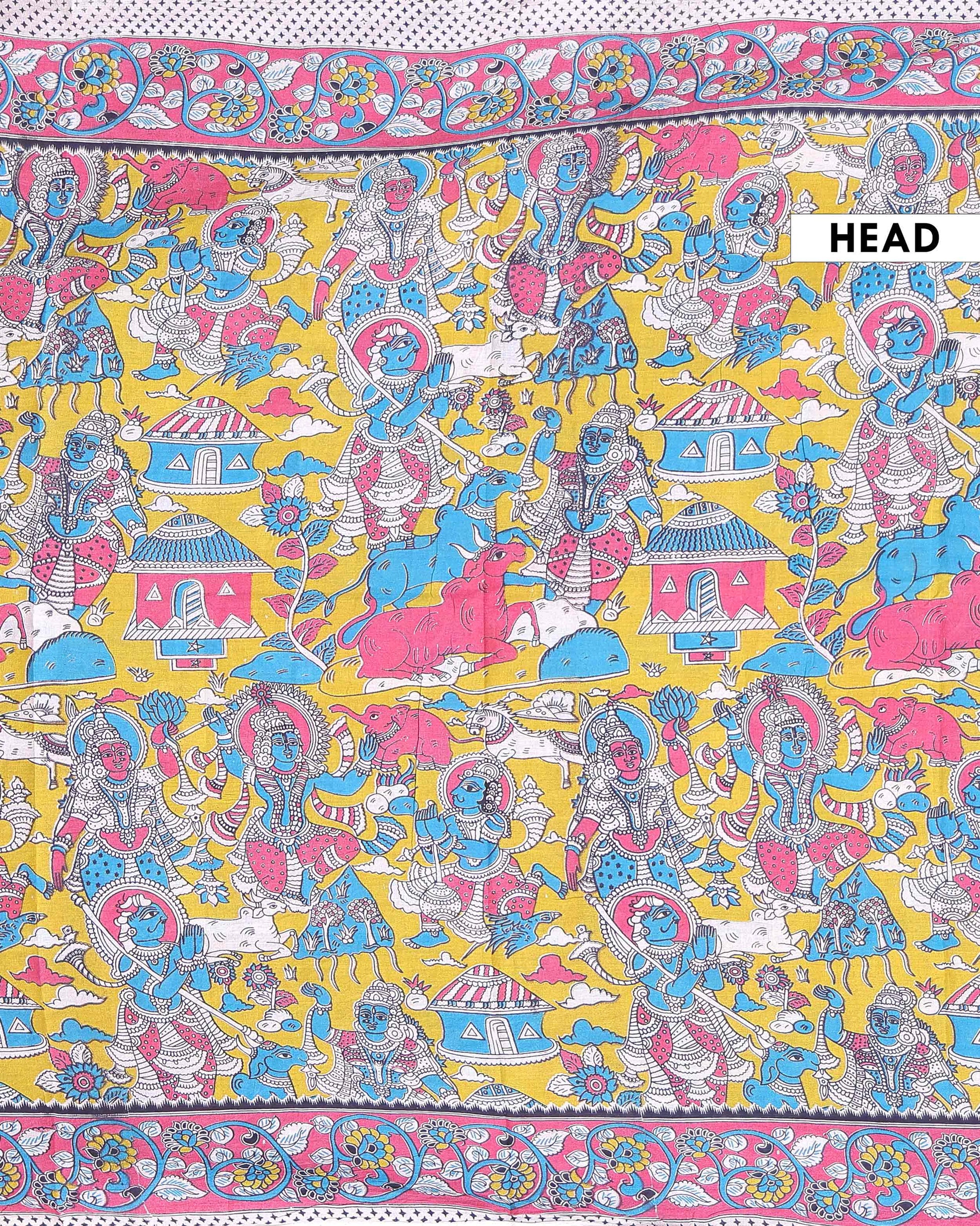 Traditional Hand Painted Kalamkari Cotton Saree with Mythological & Floral Motifs - Yellow