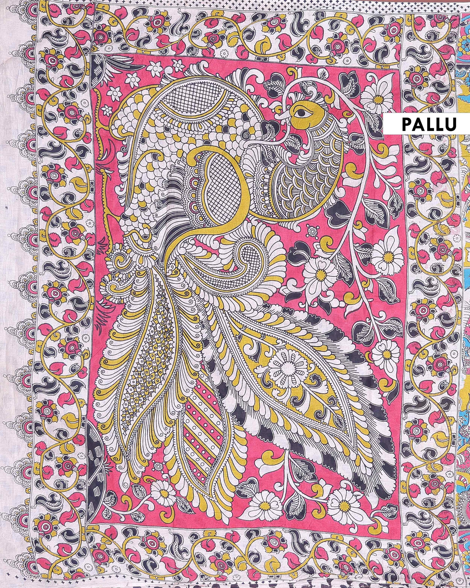 Traditional Hand Painted Kalamkari Cotton Saree with Mythological & Floral Motifs - Yellow