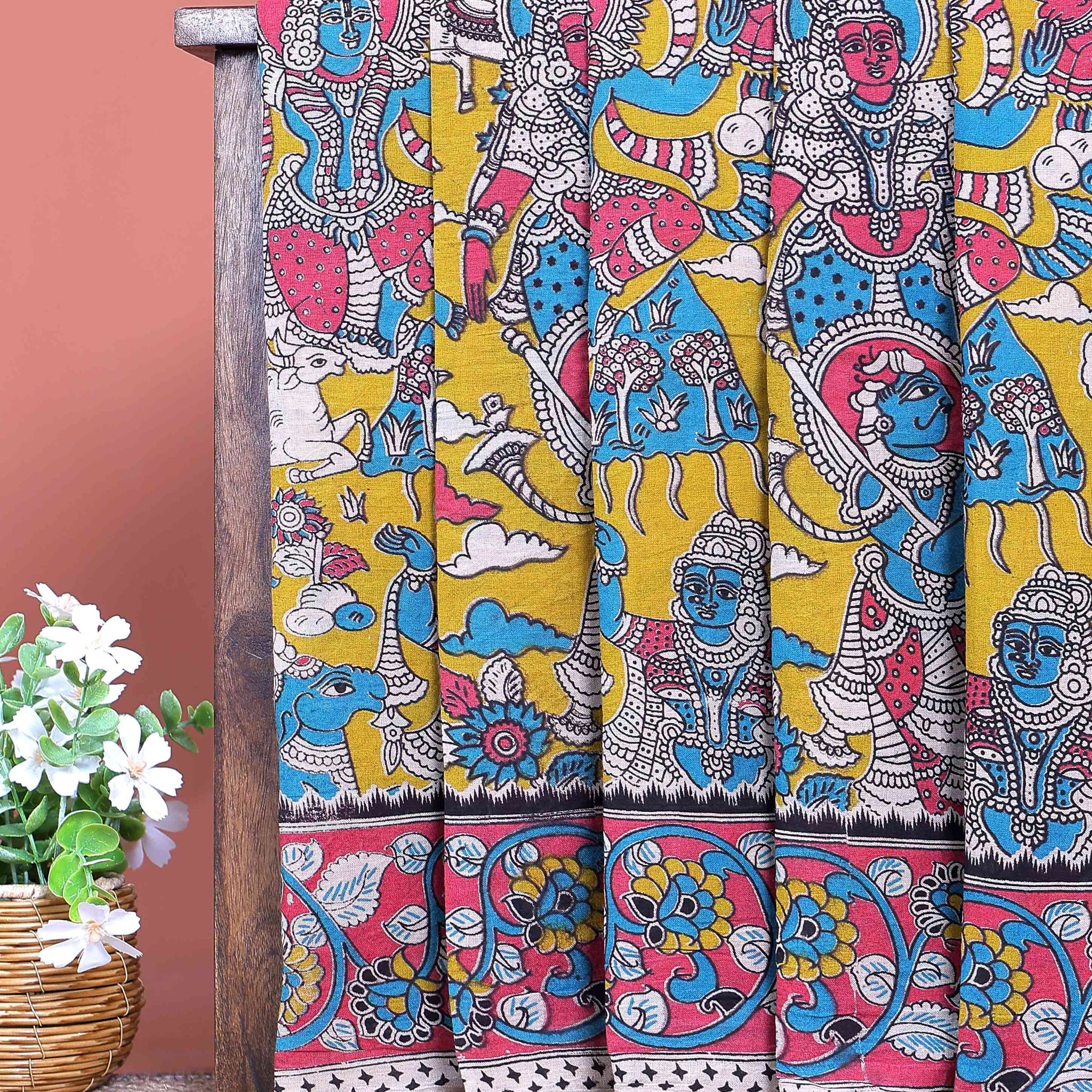 Traditional Hand Painted Kalamkari Cotton Saree with Mythological & Floral Motifs - Yellow