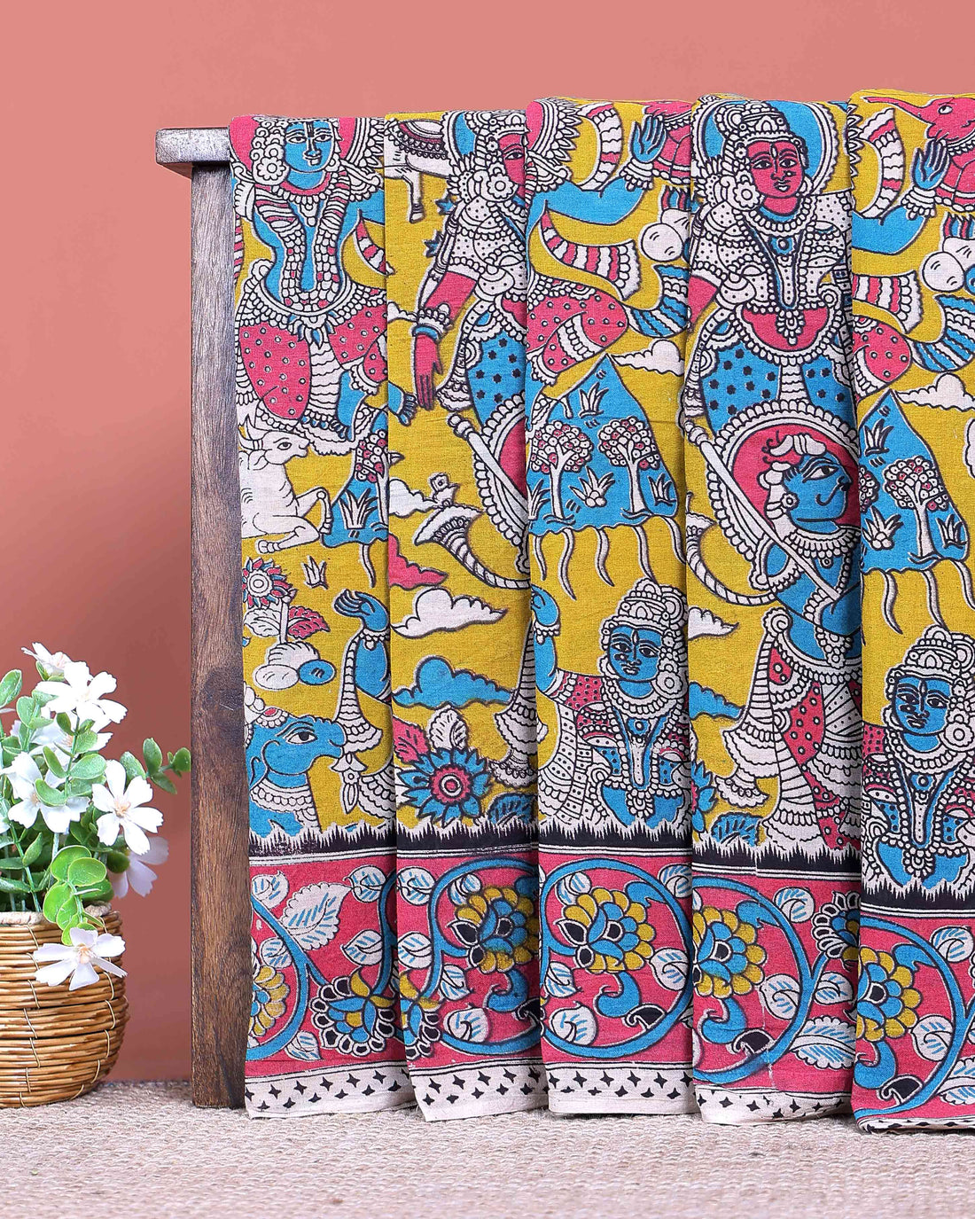 Traditional Hand Painted Kalamkari Cotton Saree with Mythological & Floral Motifs - Yellow