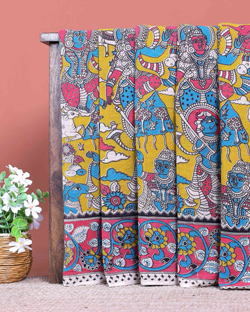 Traditional Hand Painted Kalamkari Cotton Saree with Mythological & Floral Motifs - Yellow