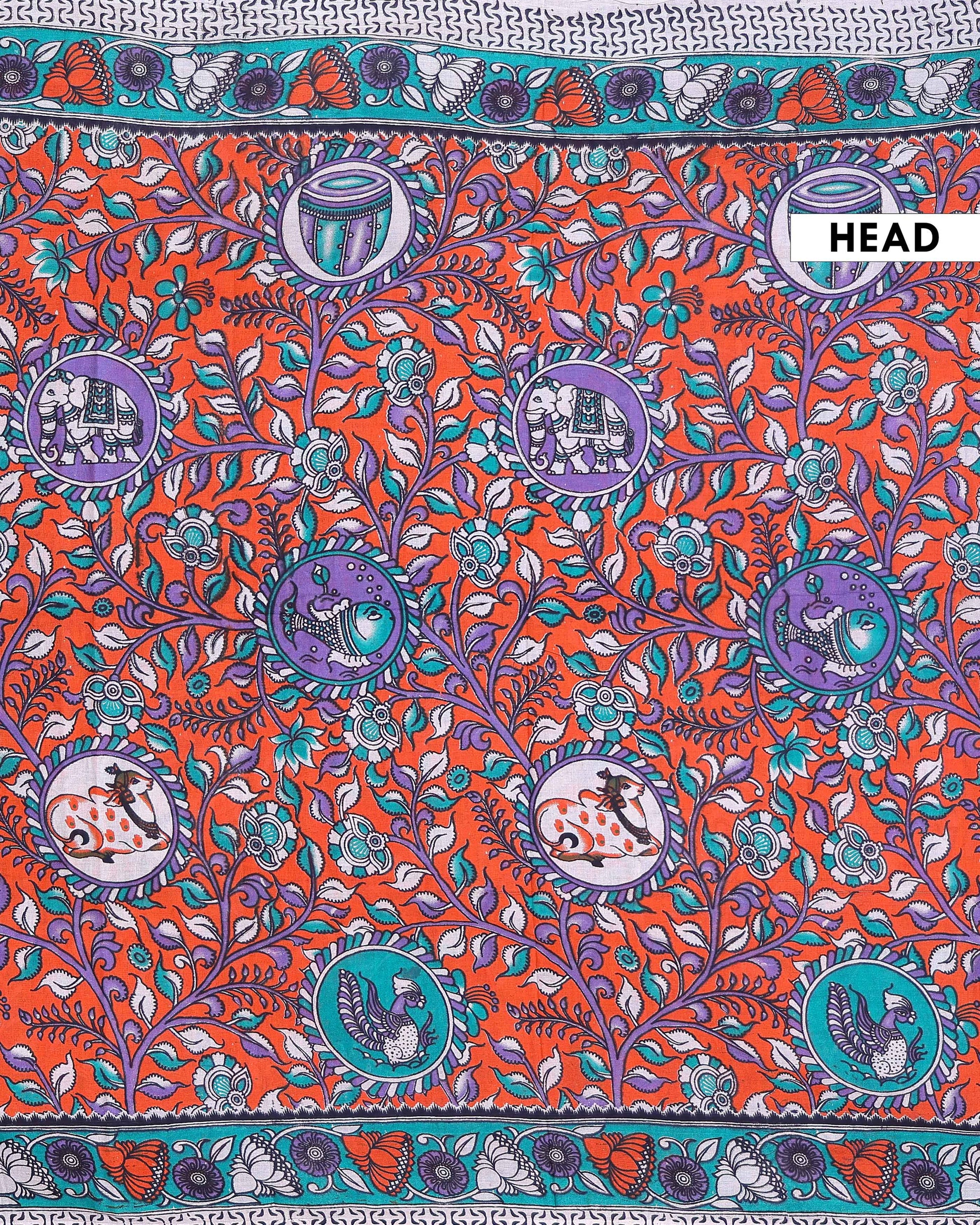 Traditional Hand Painted Kalamkari Cotton Saree with Peacock and Floral Motifs - Dark Orange