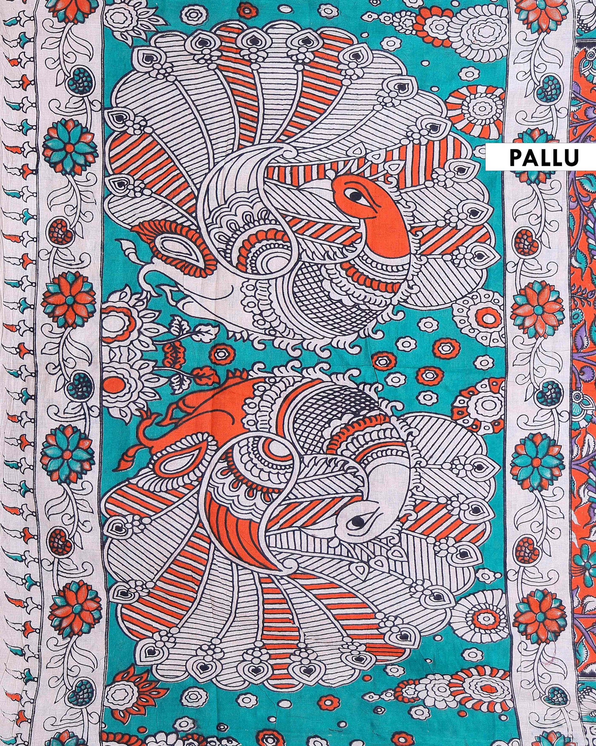 Traditional Hand Painted Kalamkari Cotton Saree with Peacock and Floral Motifs - Dark Orange