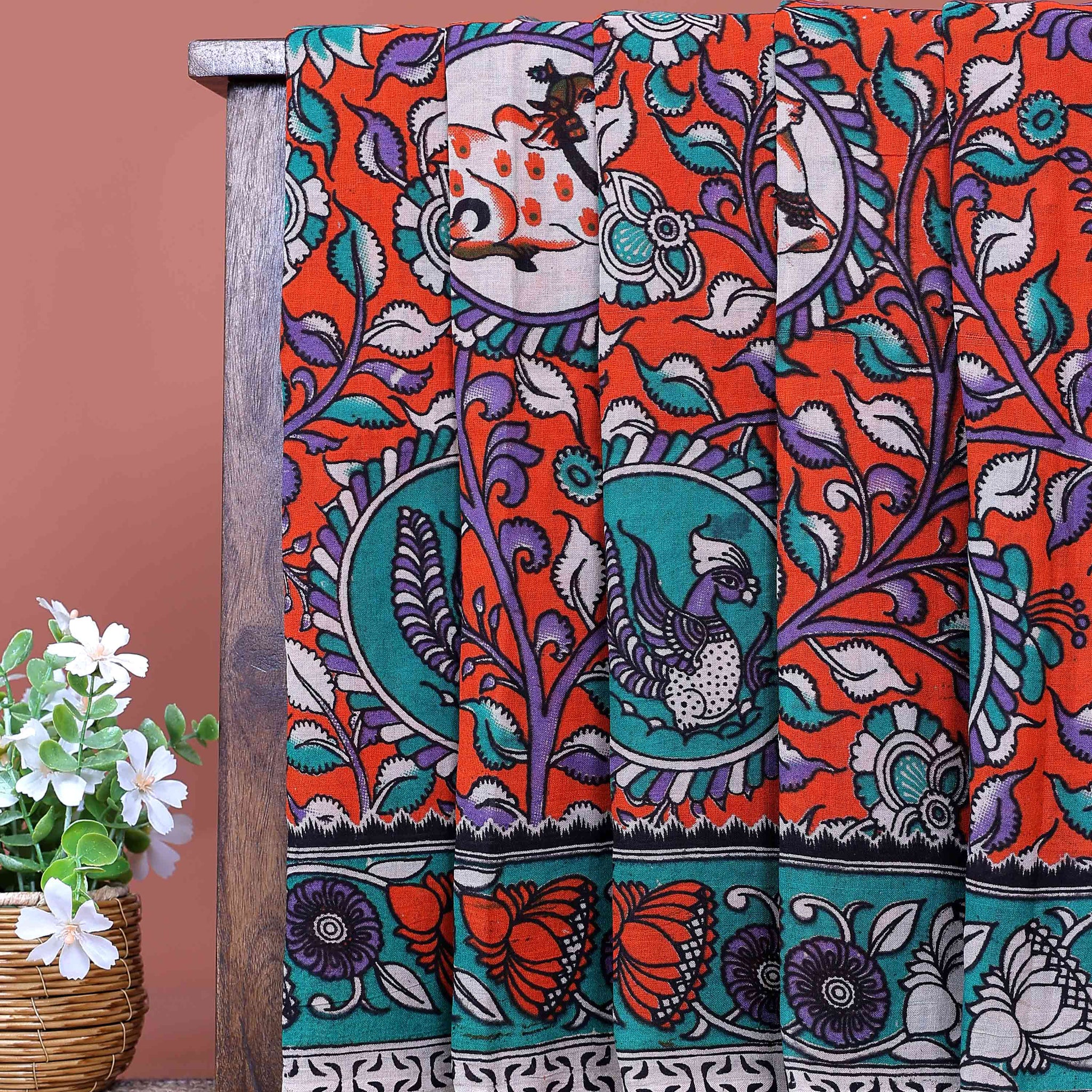 Traditional Hand Painted Kalamkari Cotton Saree with Peacock and Floral Motifs - Dark Orange