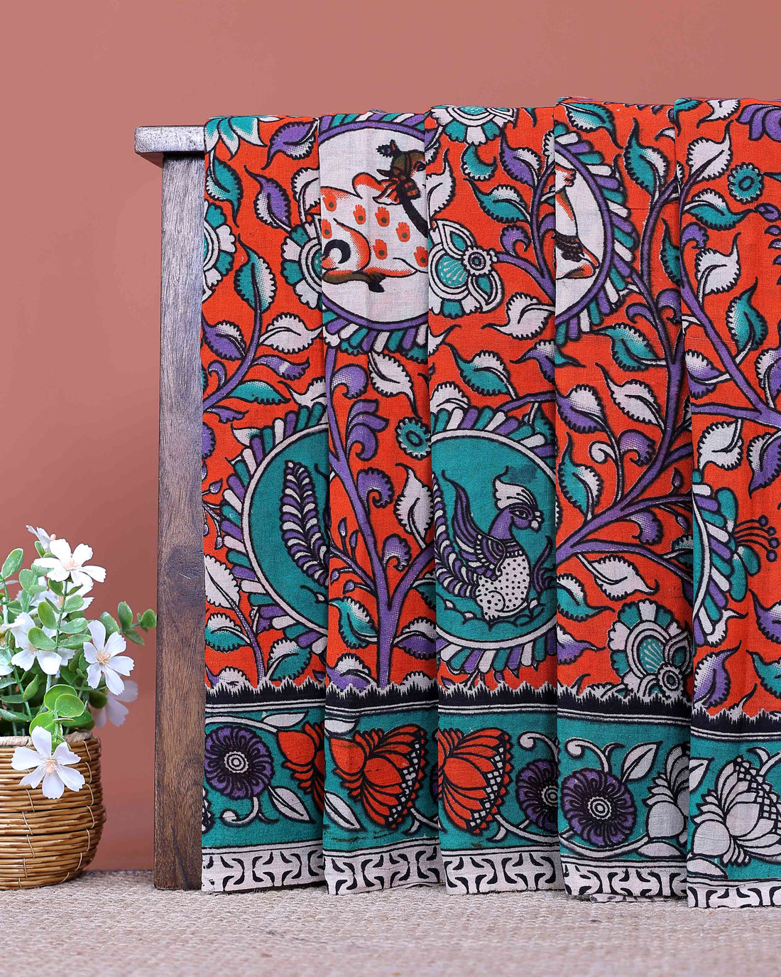 Traditional Hand Painted Kalamkari Cotton Saree with Peacock and Floral Motifs - Dark Orange