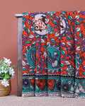 Traditional Hand Painted Kalamkari Cotton Saree with Peacock and Floral Motifs - Dark Orange