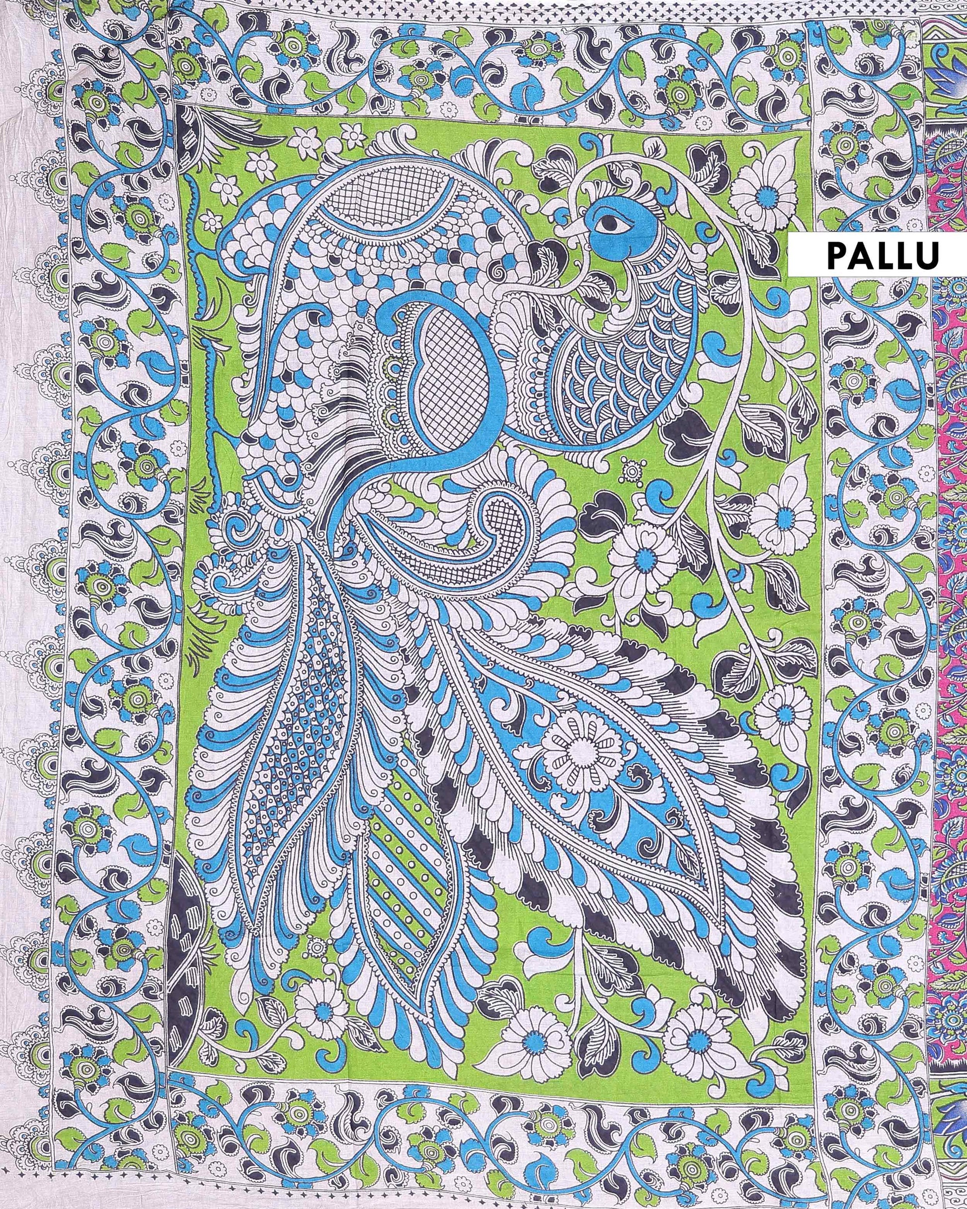 Traditional Hand Painted Kalamkari Cotton Saree with Traditional Floral and Paisley Motifs - Pink